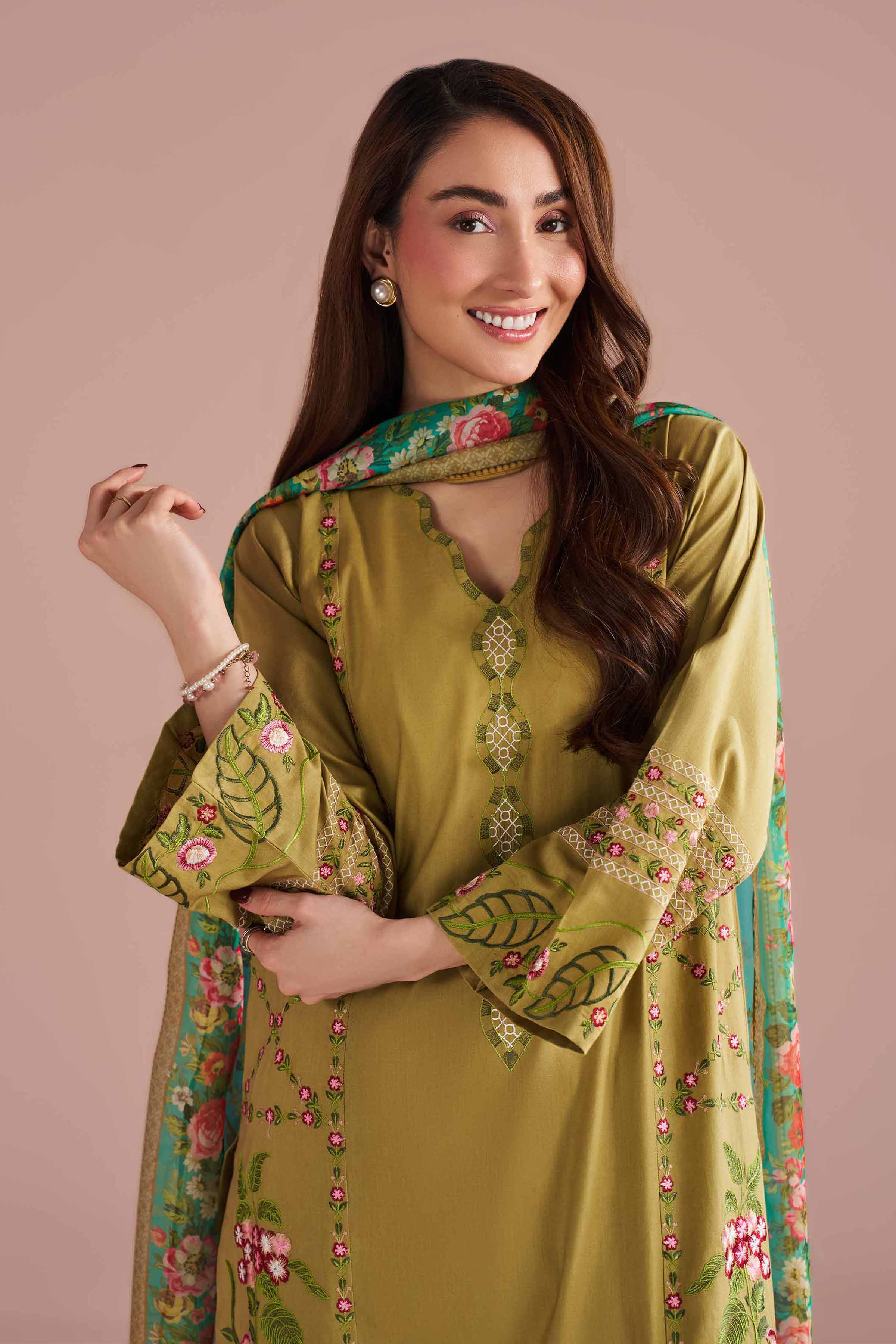3 Piece - Embroidered Suit - PE26-321 Green Cotton 3PC Embroidered READY TO WEAR