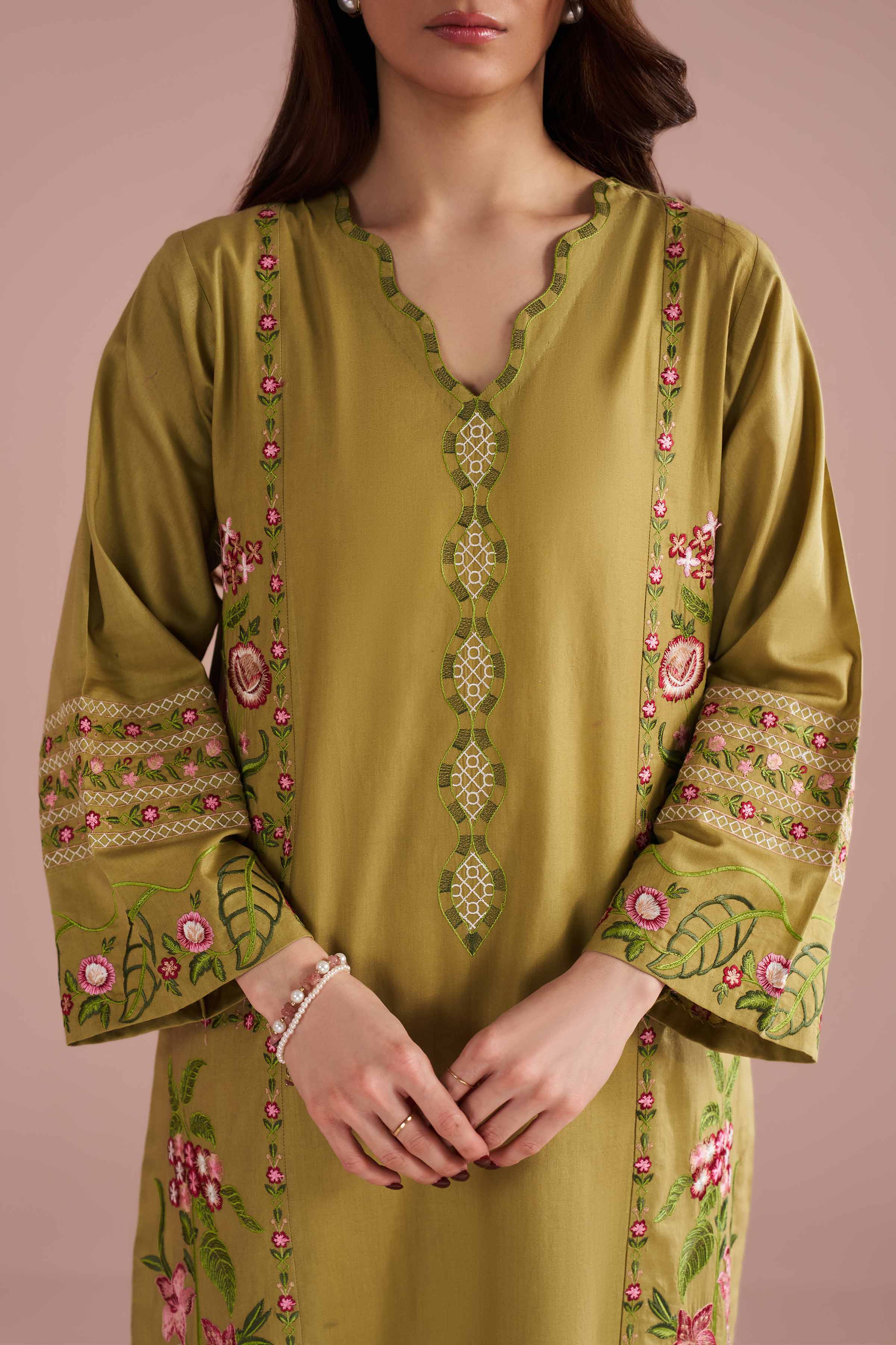 3 Piece - Embroidered Suit - PE26-321 Green Cotton 3PC Embroidered READY TO WEAR