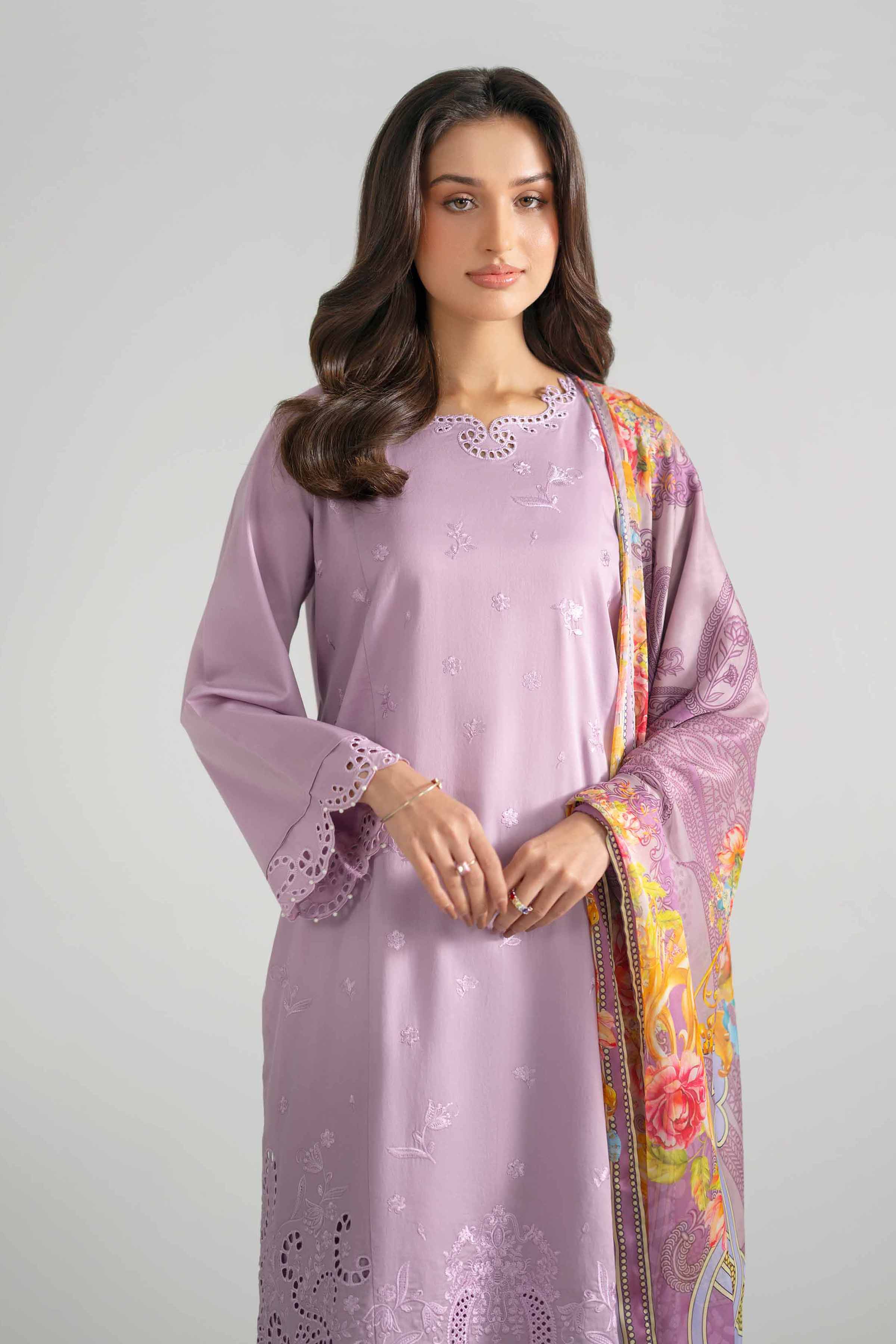 3 Piece - Embroidered Suit - PE26-322 Purple Cotton 3PC Embroidered READY TO WEAR
