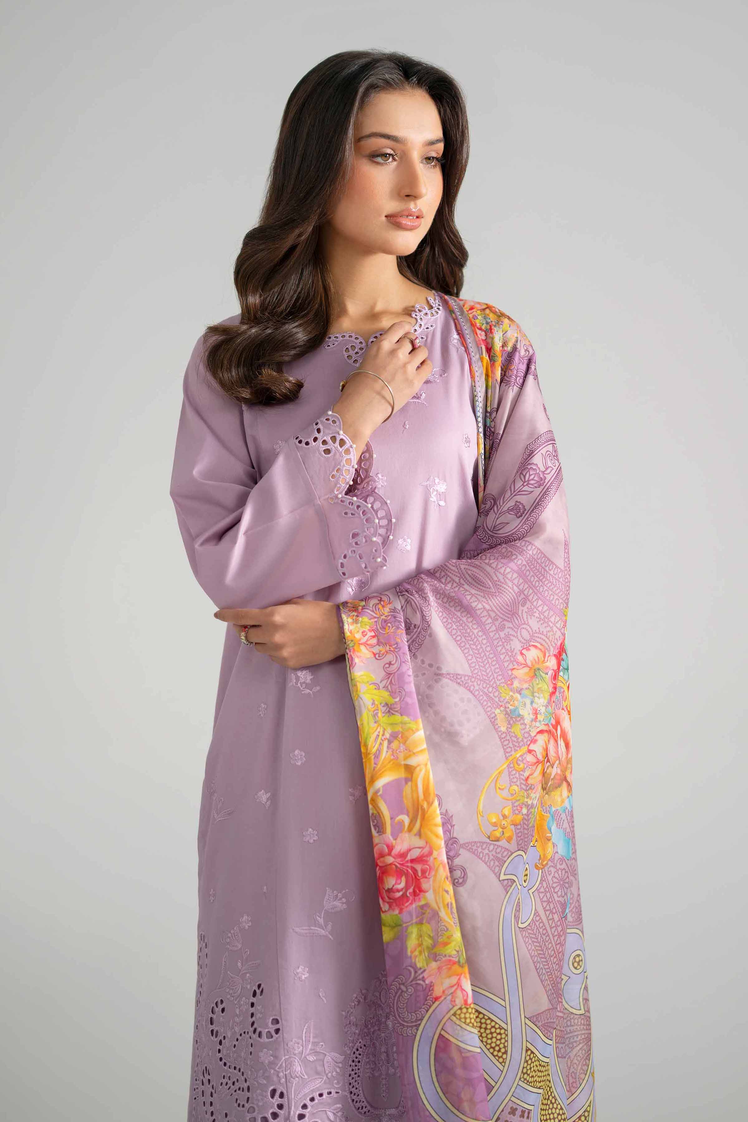 3 Piece - Embroidered Suit - PE26-322 Purple Cotton 3PC Embroidered READY TO WEAR