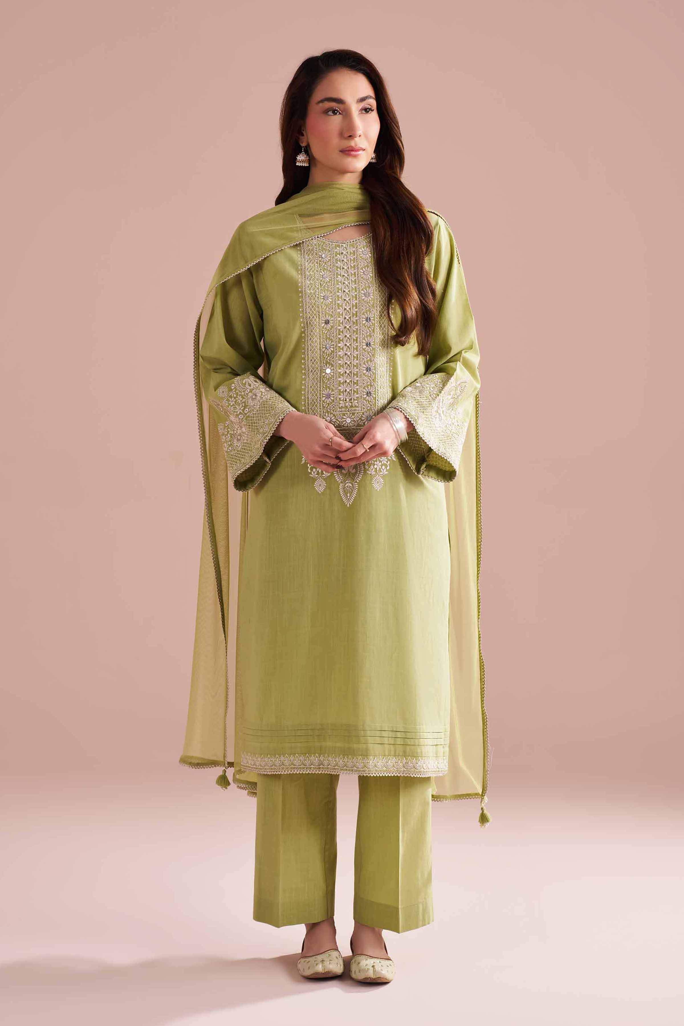 3 Piece - Embroidered Suit - PE26-323 Green Cross Hatch 3PC Embroidered READY TO WEAR