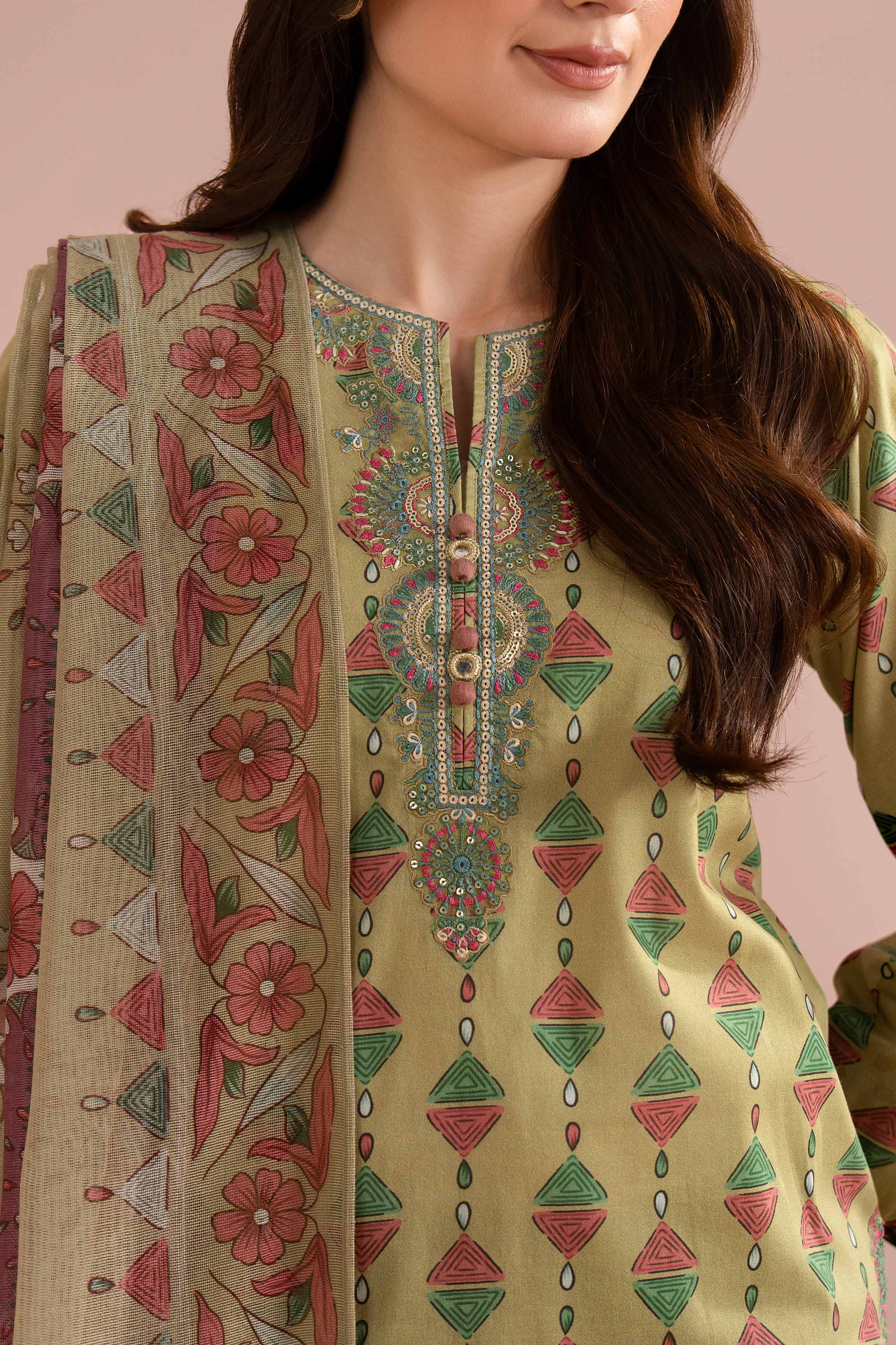 3 Piece - Printed Embroidered Suit - PE26-330