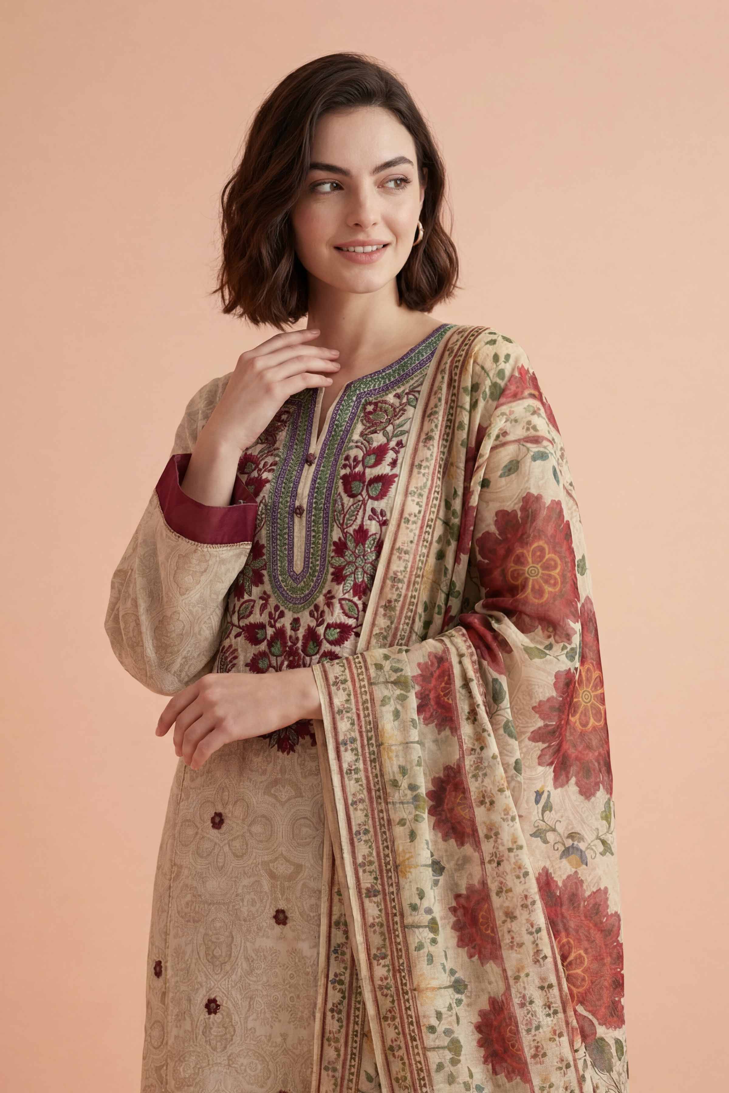 3 Piece - Printed Embroidered Suit - PE26-331