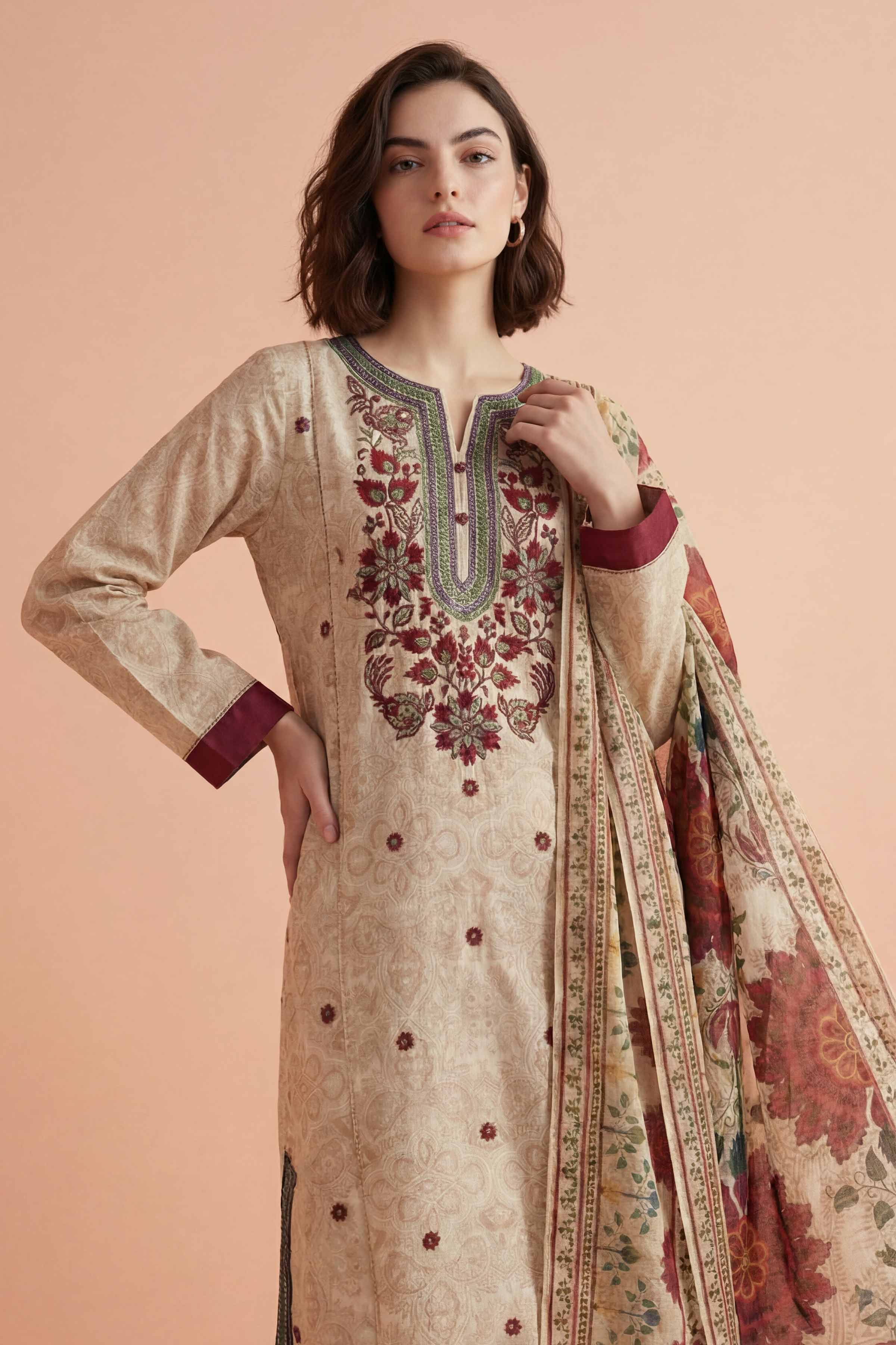 3 Piece - Printed Embroidered Suit - PE26-331