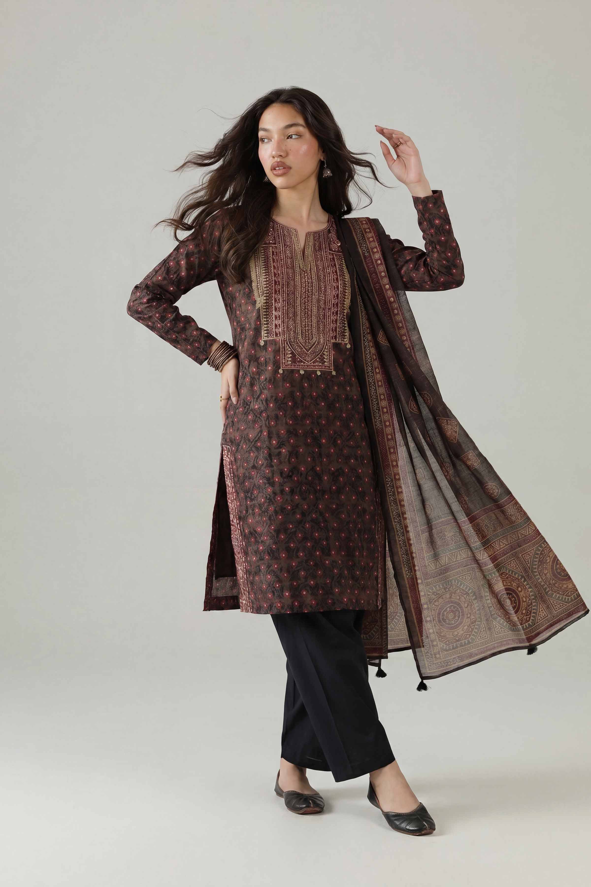 3 Piece - Printed Embroidered Suit - PE26-333 Black Lawn 3PC Embroidered Ready To Wear