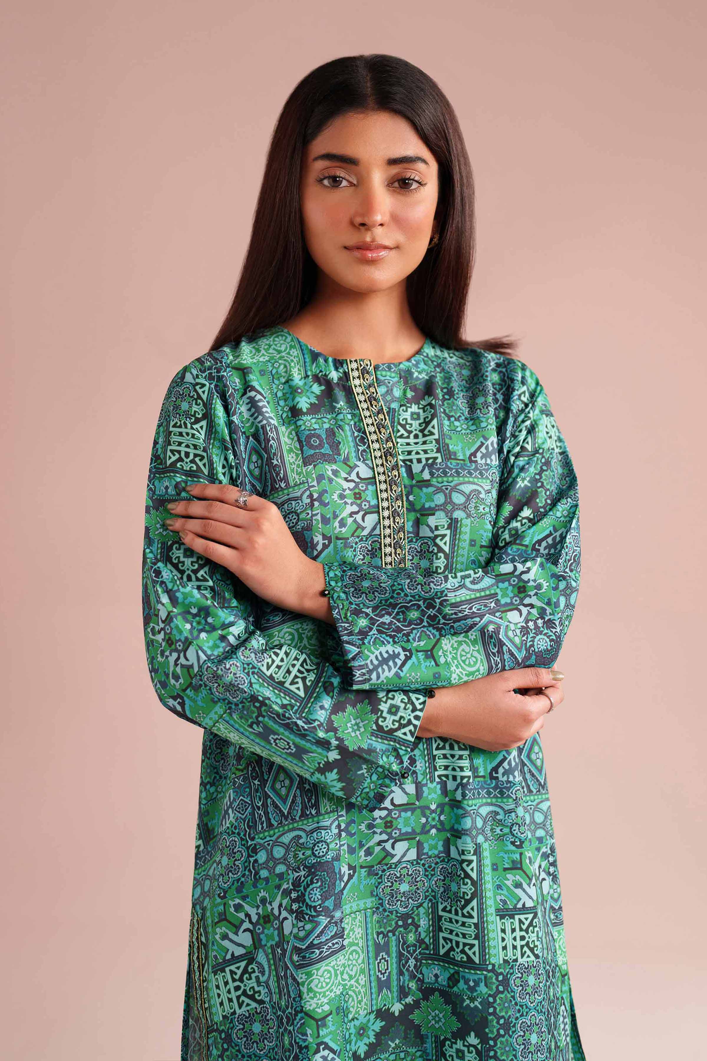 2 Piece - Printed Embroidered Suit - PE26-35 NishatUAE Green Lawn 2PC Embroidered Ready To Wear