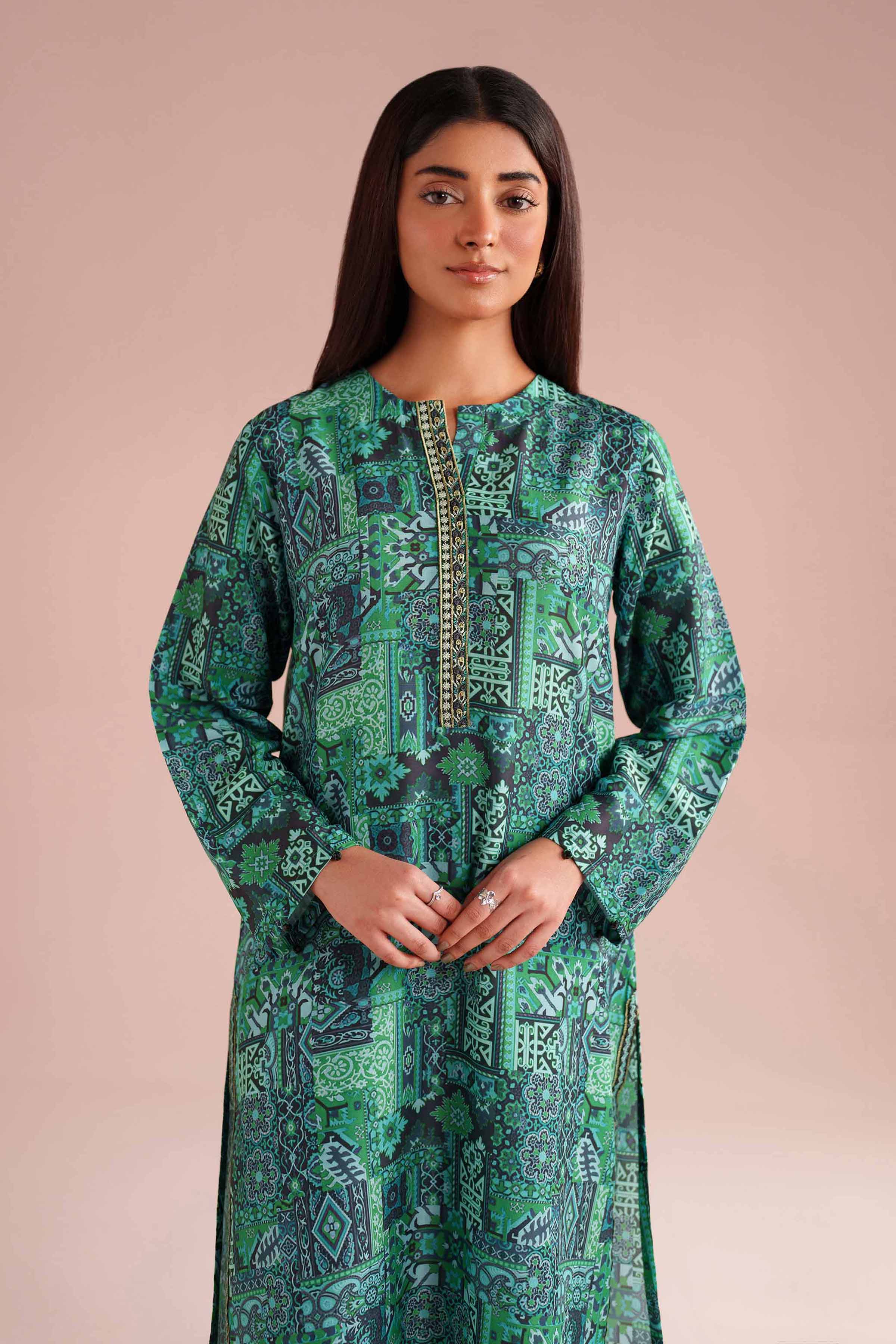 2 Piece - Printed Embroidered Suit - PE26-35 NishatUAE Green Lawn 2PC Embroidered Ready To Wear