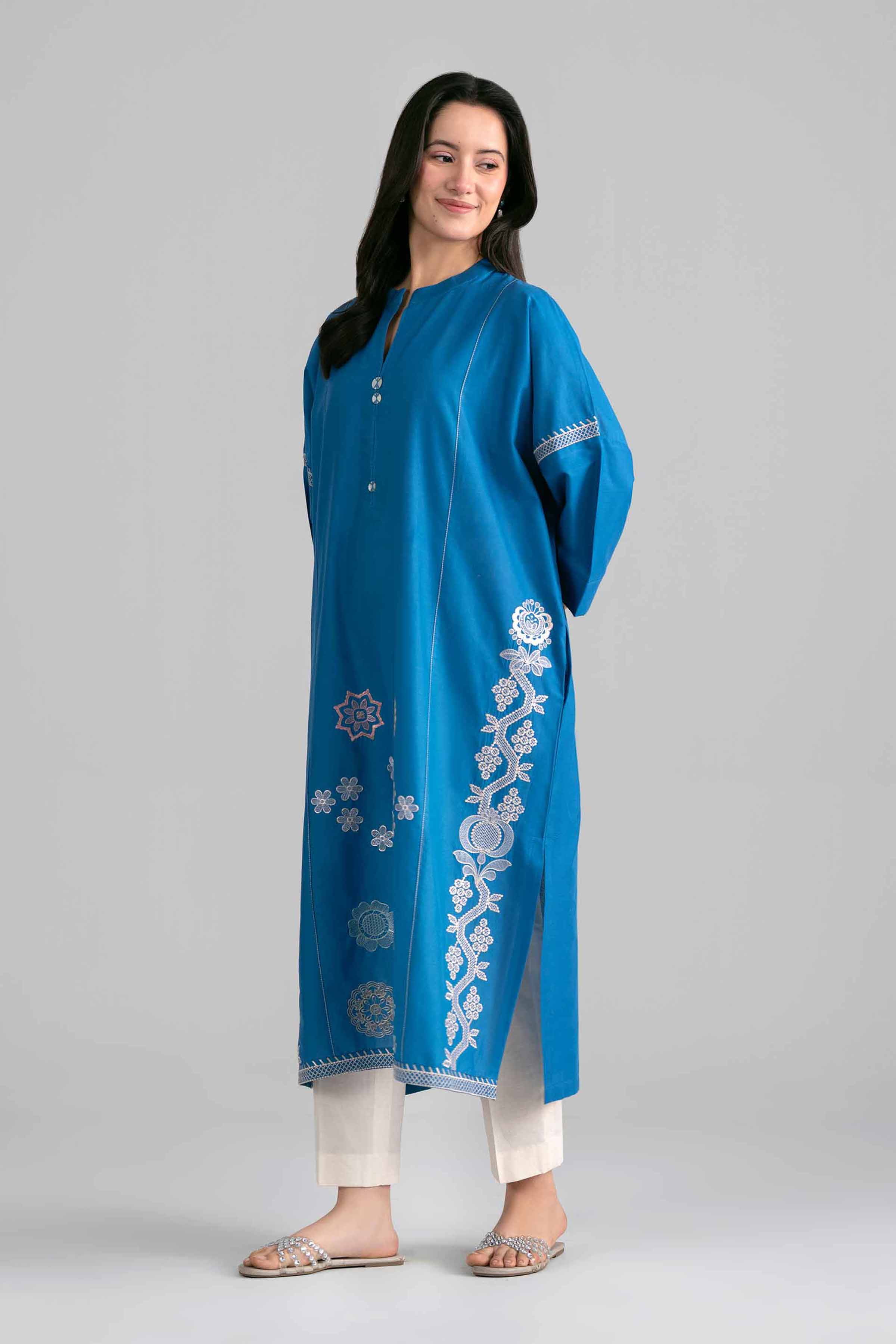 Embroidered Shirt - PE26-370 Blue Cambric 1PC Embroidered