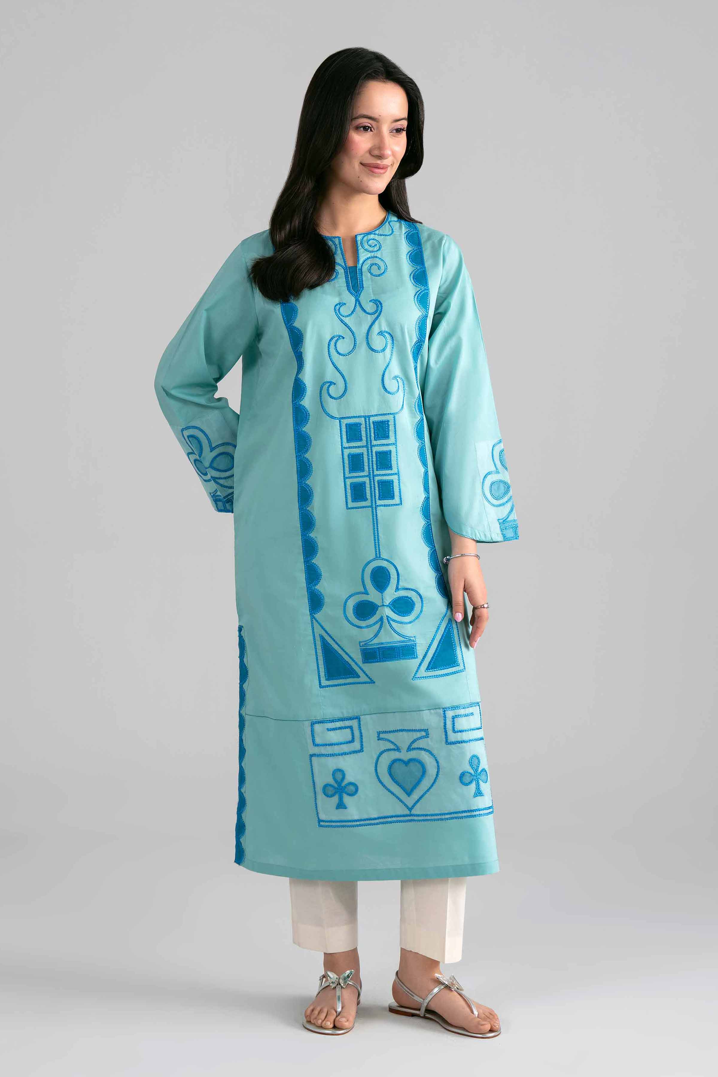 Embroidered Shirt - PE26-372 Blue Cambric 1PC Embroidered