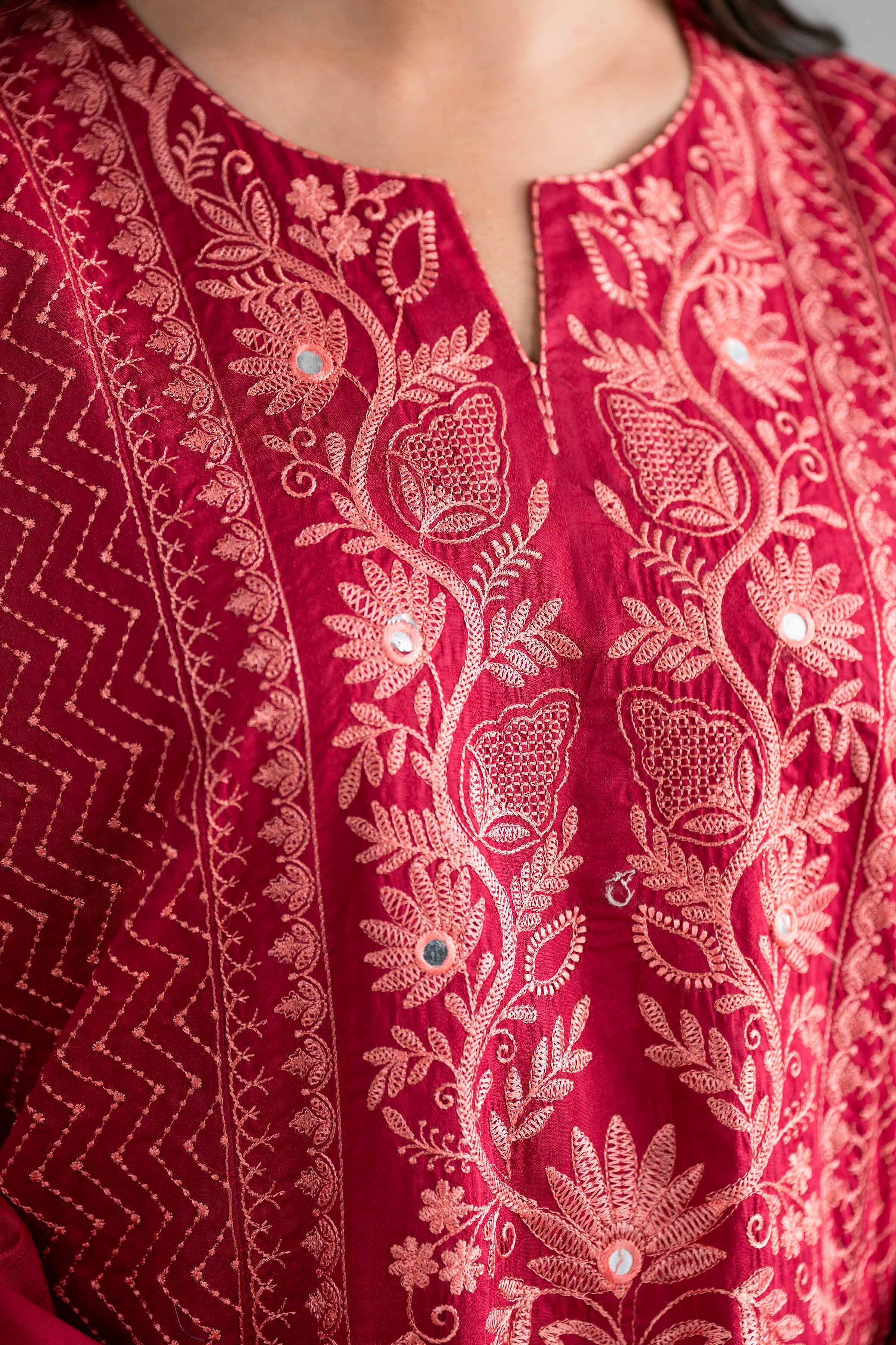 Embroidered Shirt - PE26-385 Red Dobby 1PC Embroidered READY TO WEAR