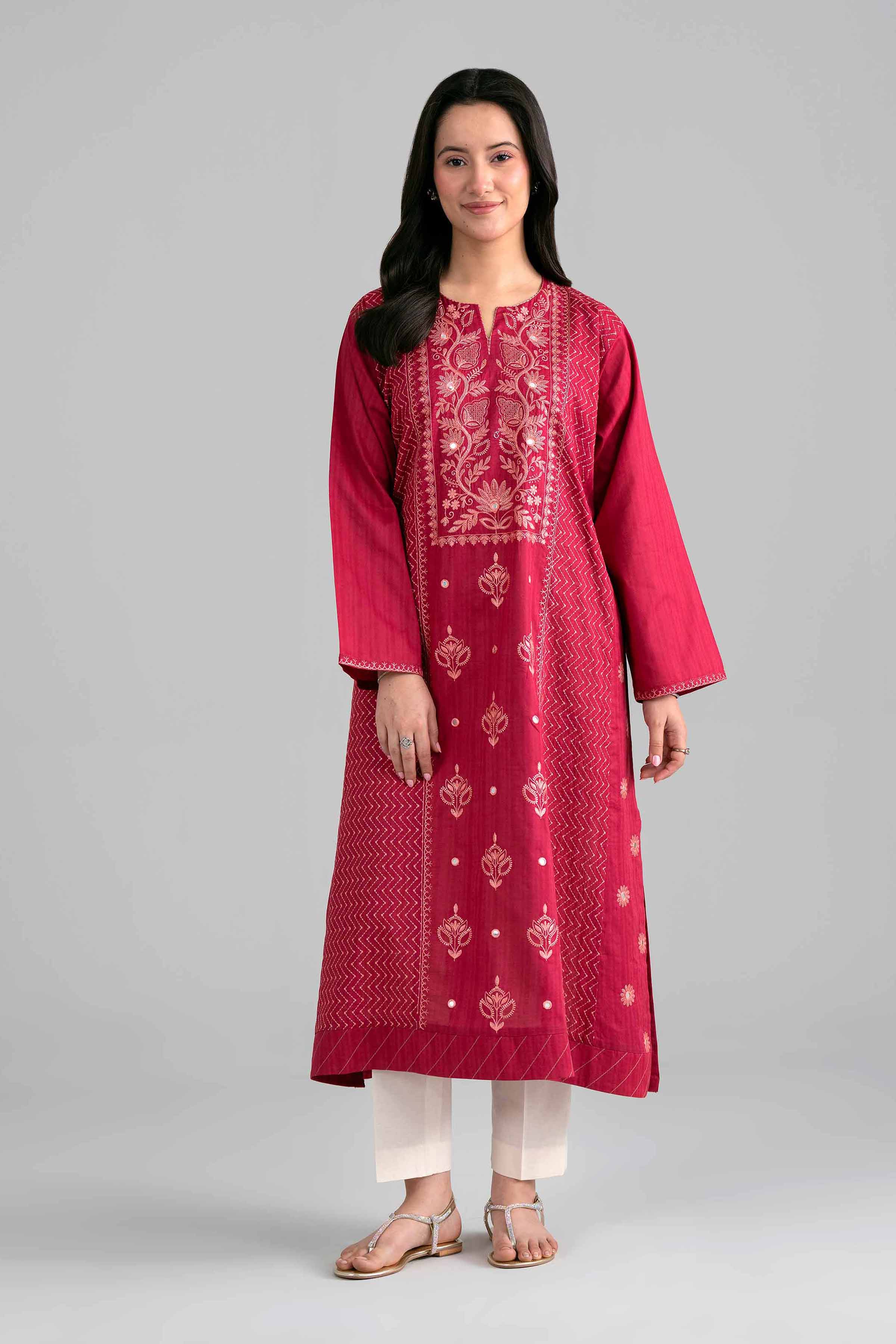Embroidered Shirt - PE26-385 Red Dobby 1PC Embroidered READY TO WEAR