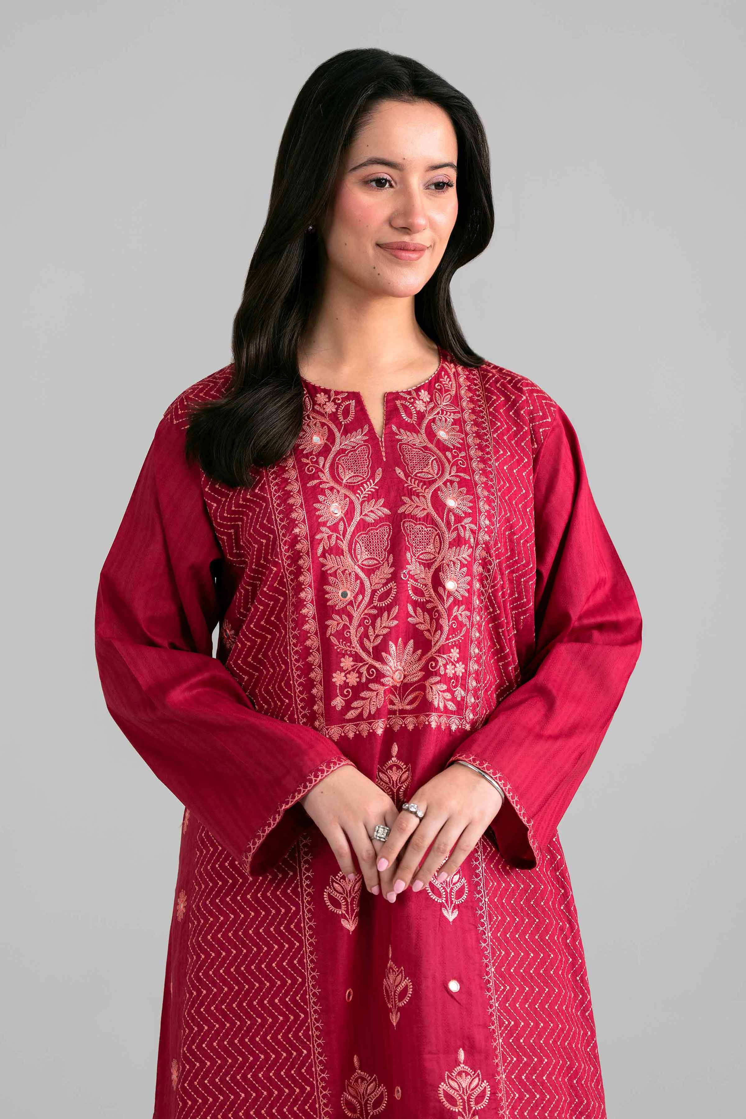 Embroidered Shirt - PE26-385 Red Dobby 1PC Embroidered READY TO WEAR