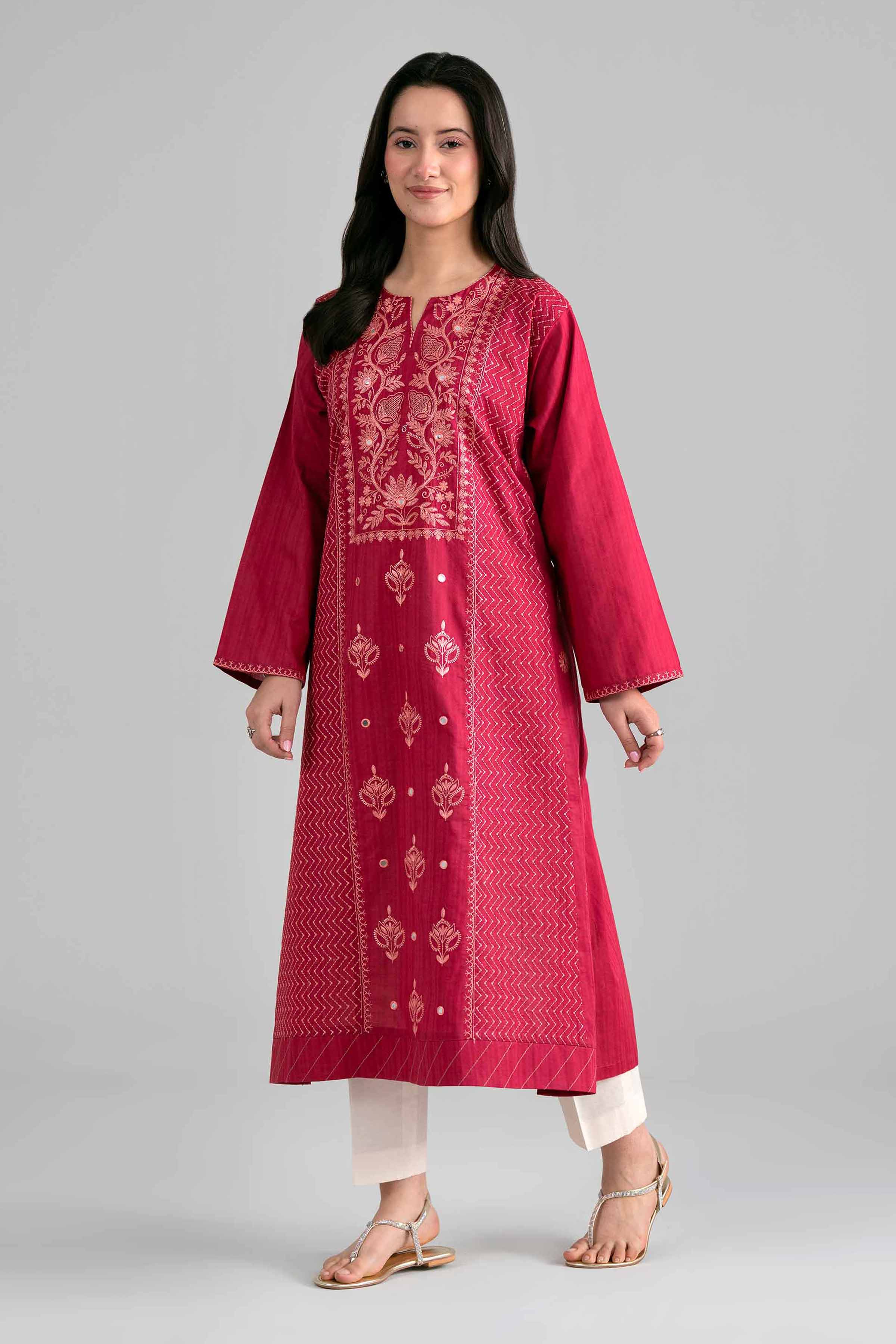 Embroidered Shirt - PE26-385 Red Dobby 1PC Embroidered READY TO WEAR