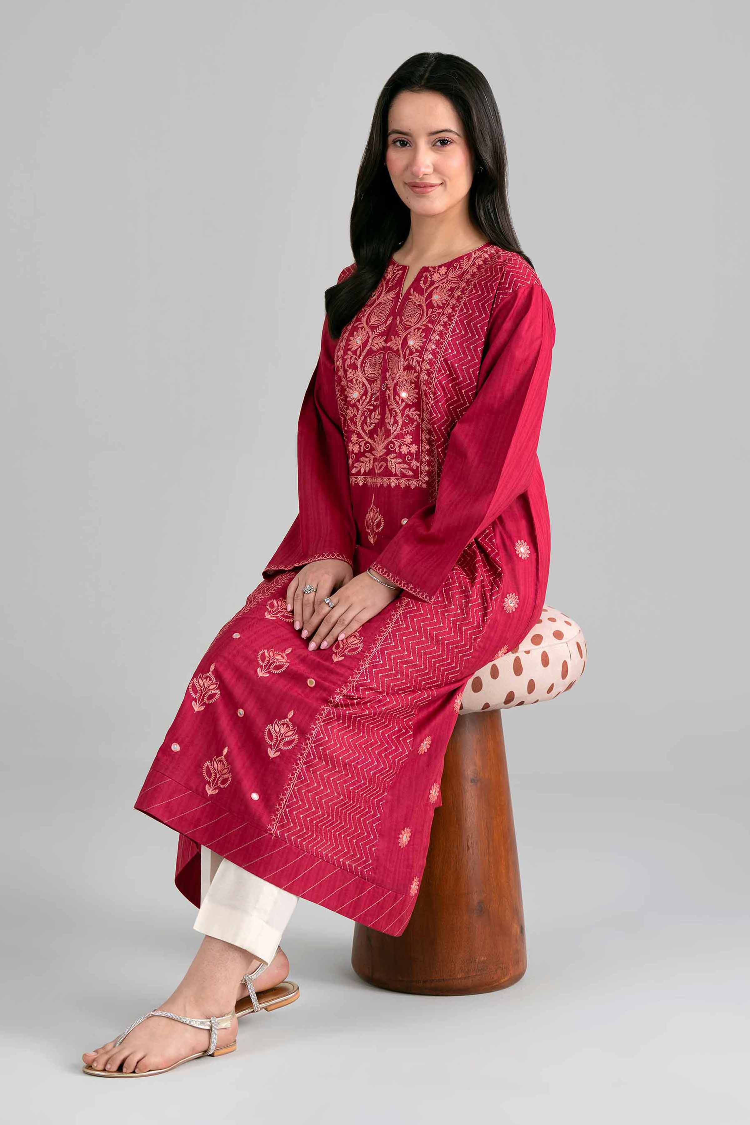 Embroidered Shirt - PE26-385 Red Dobby 1PC Embroidered READY TO WEAR