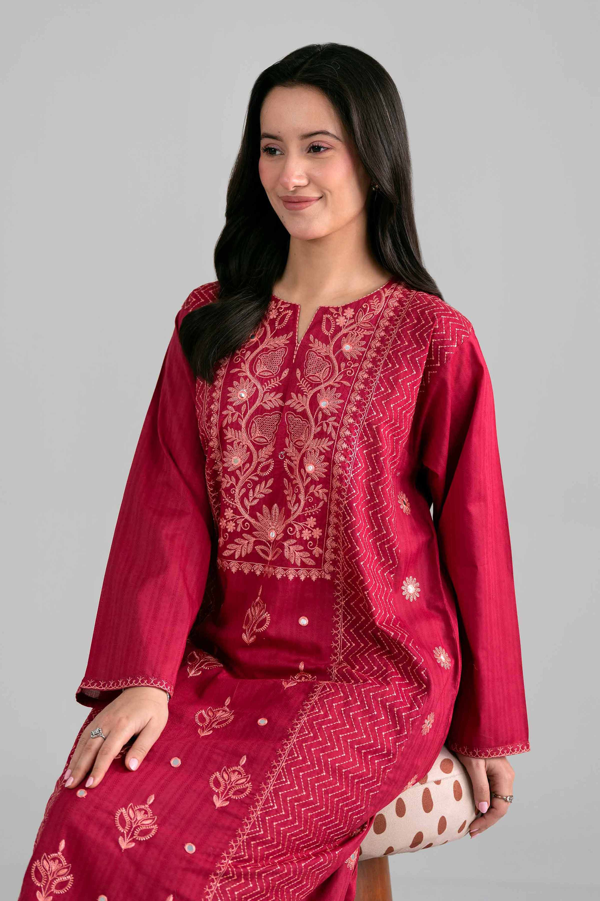 Embroidered Shirt - PE26-385 Red Dobby 1PC Embroidered READY TO WEAR