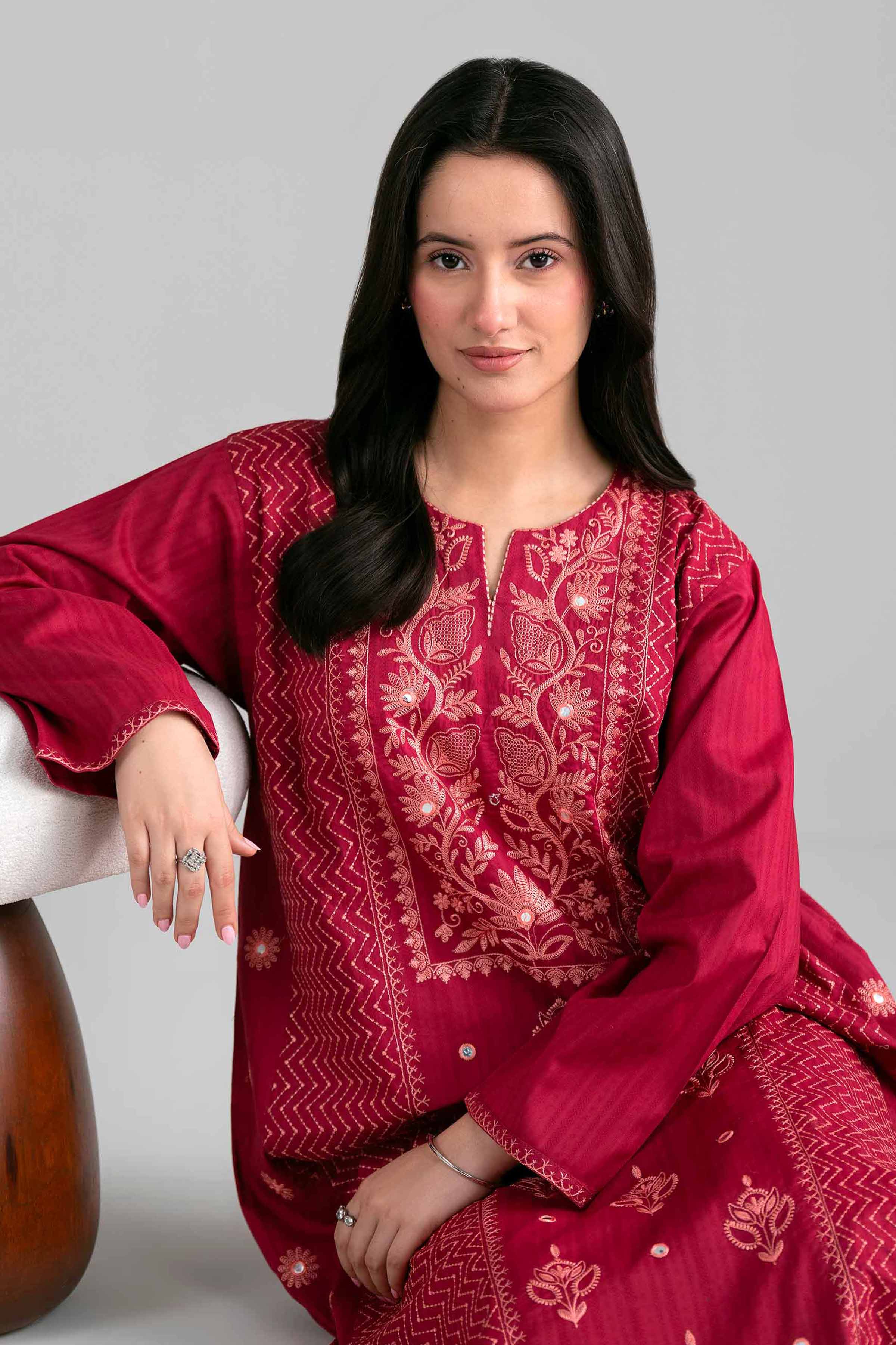 Embroidered Shirt - PE26-385 Red Dobby 1PC Embroidered READY TO WEAR