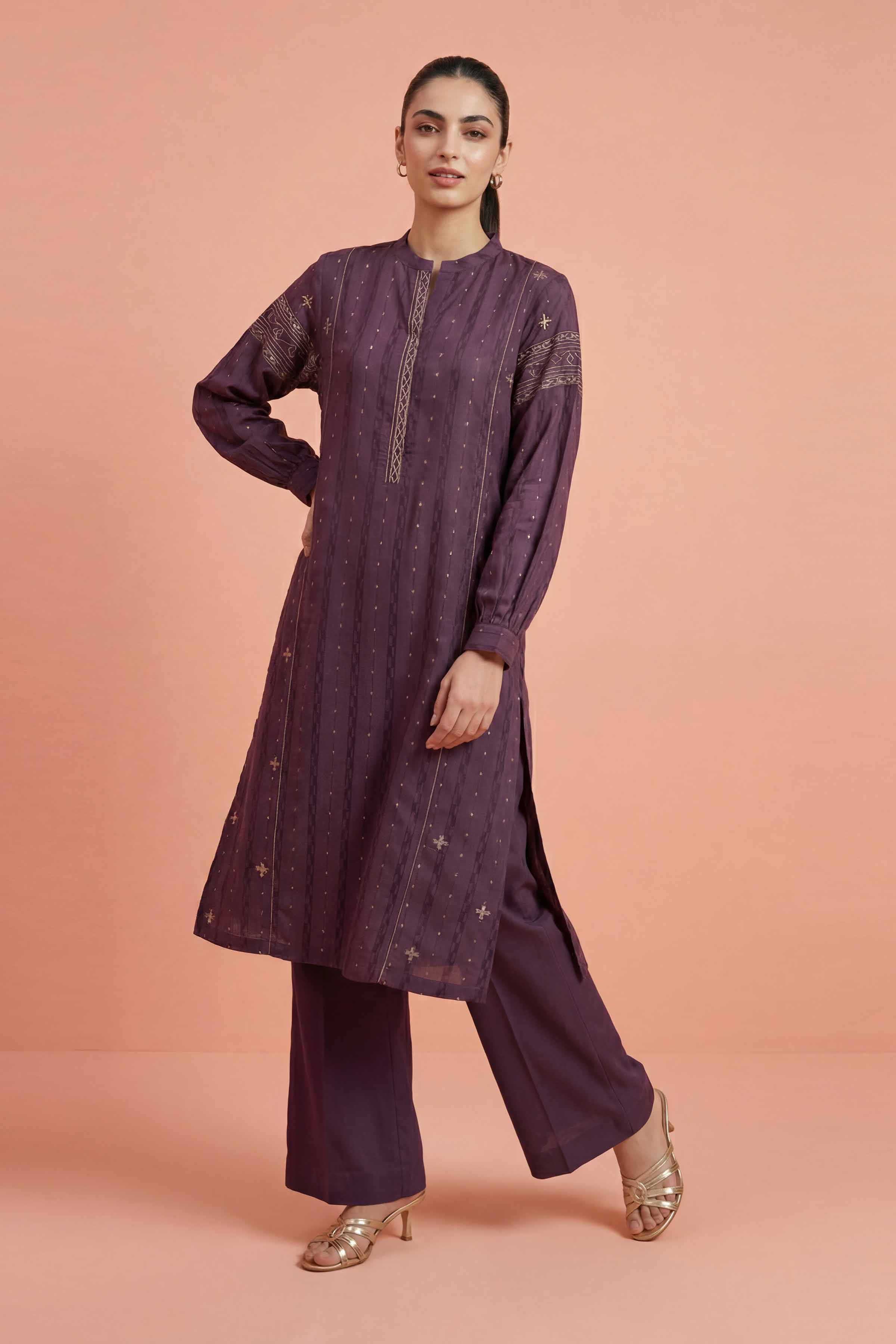 2 Piece - Embroidered Suit - PE26-458 Purple Fancy Stripe Embroidered A-Line shirt