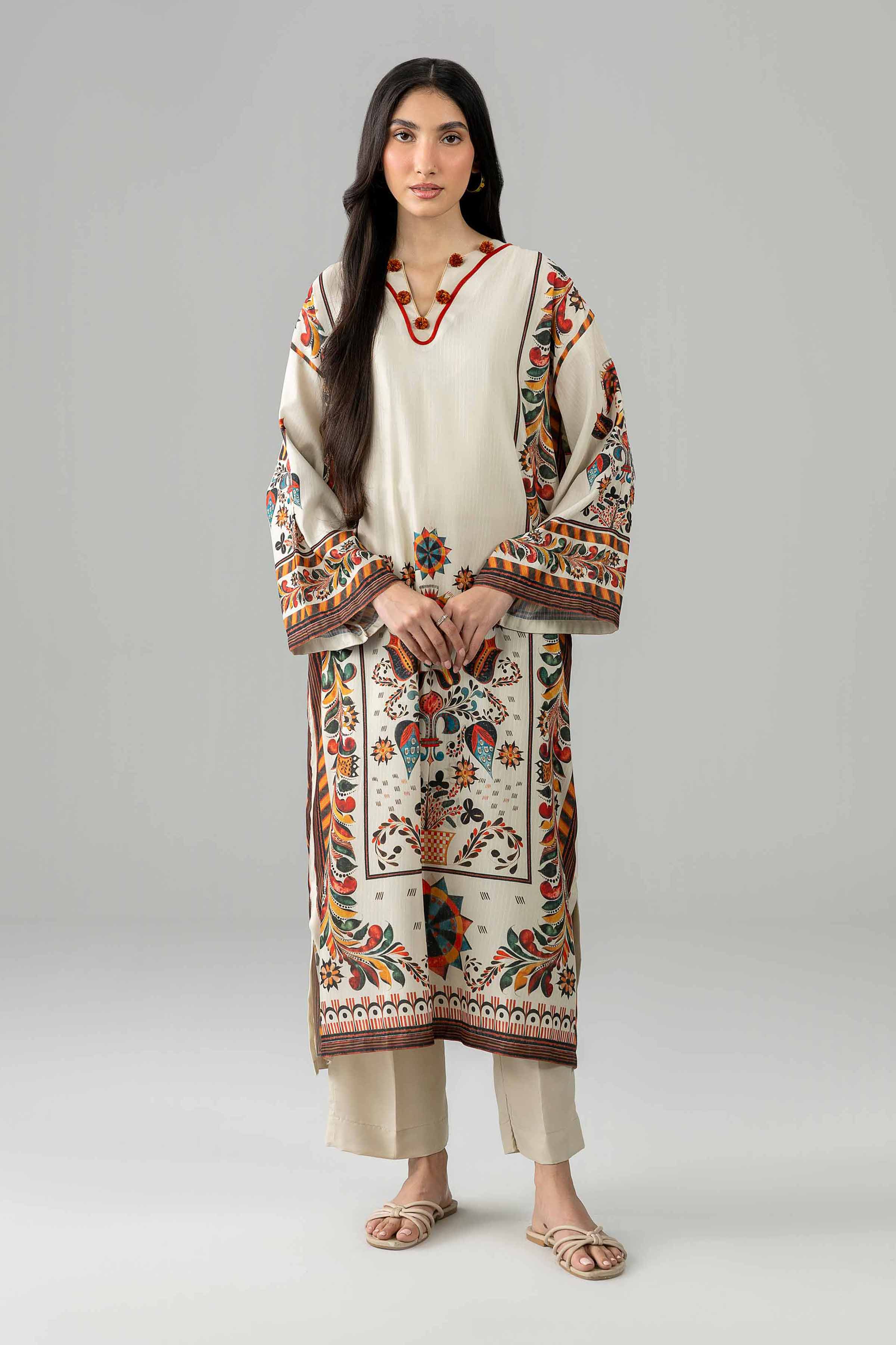 2 Piece - Printed Suit - PE26-478 Beige Linen Printed Boxy shirt