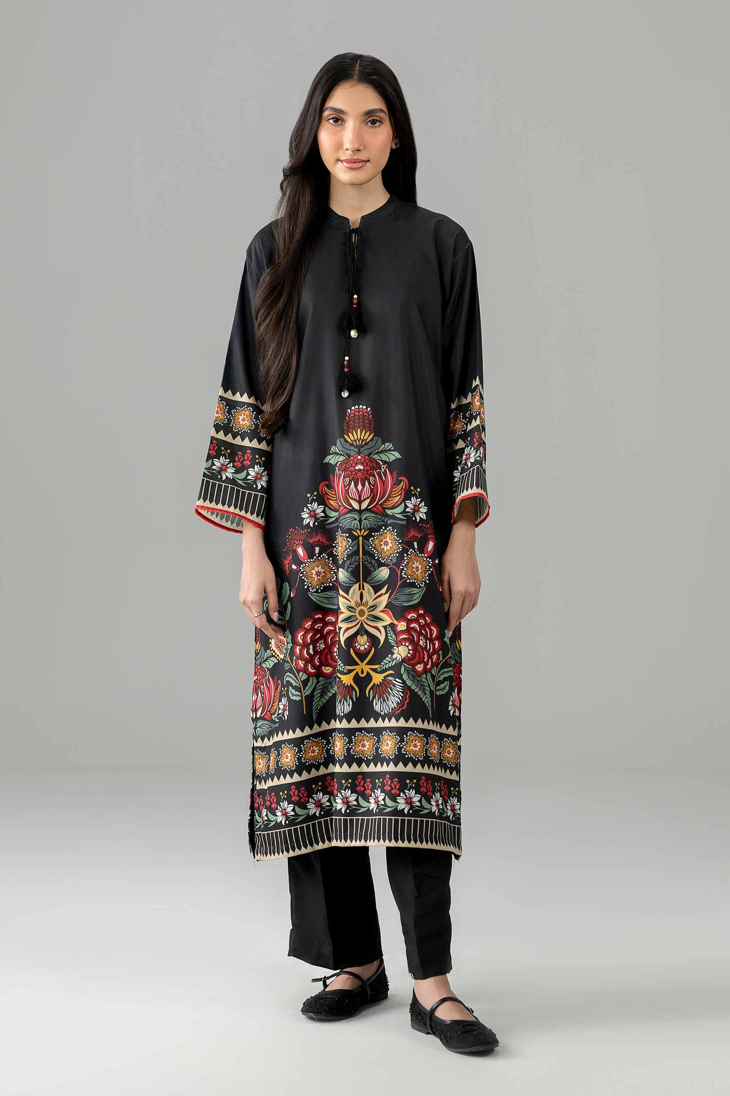 2 Piece - Printed Suit - PE26-479 Black Linen Embroidered A-Line shirt