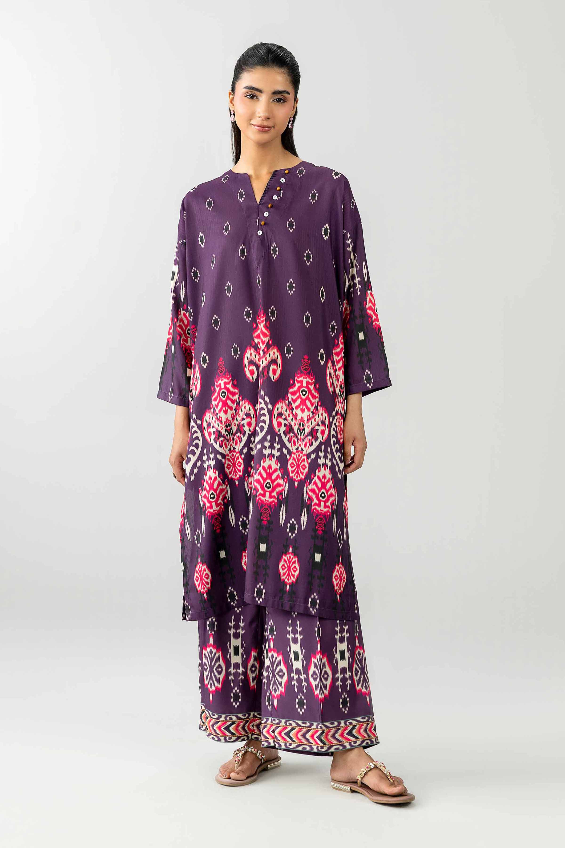 2 Piece - Printed Embroidered Suit - PE26-482 Purple Linen Embroidered Straight shirt