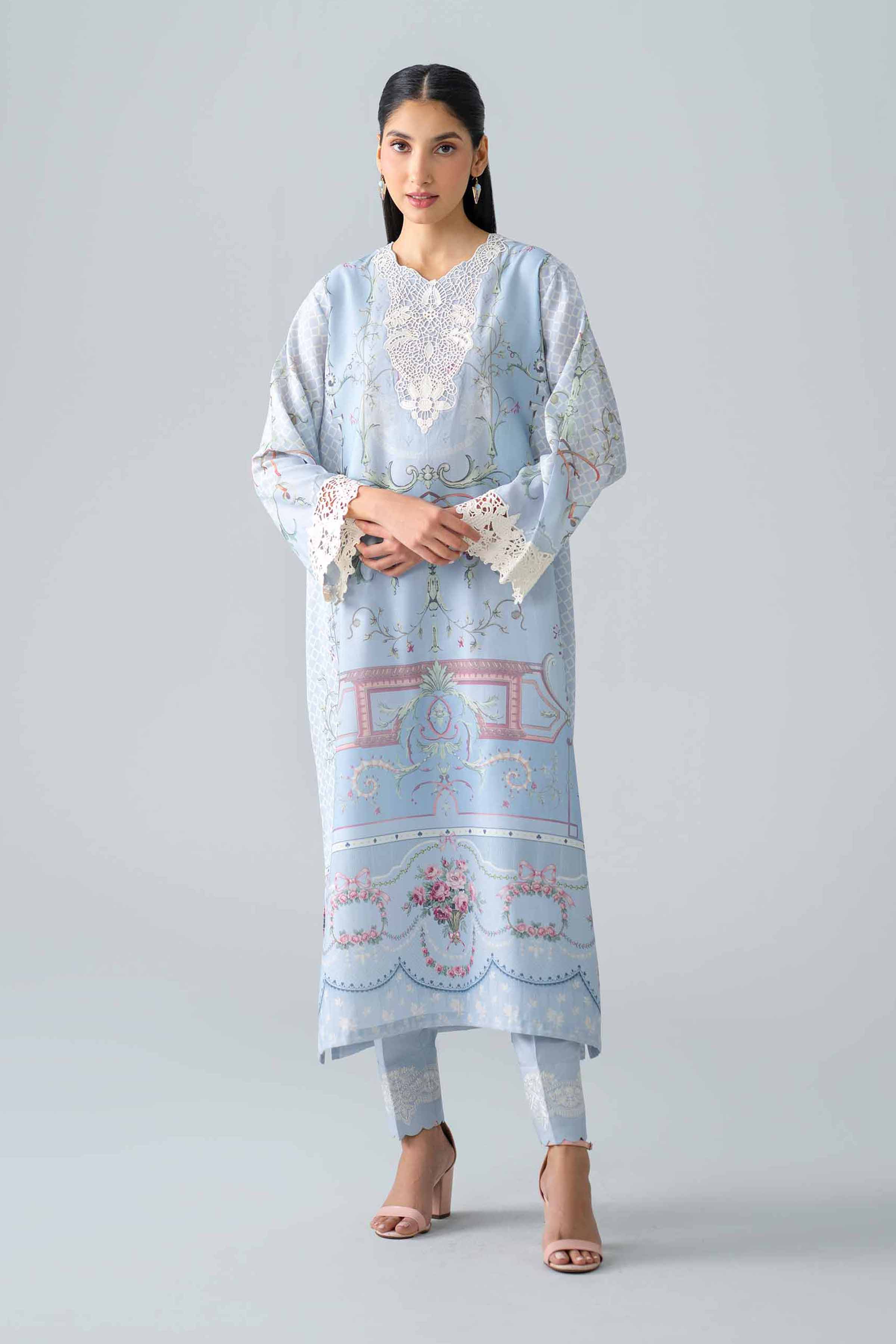 2 Piece - Printed Embroidered Suit - PE26-484 Blue Fancy Base Embroidered A-Line shirt