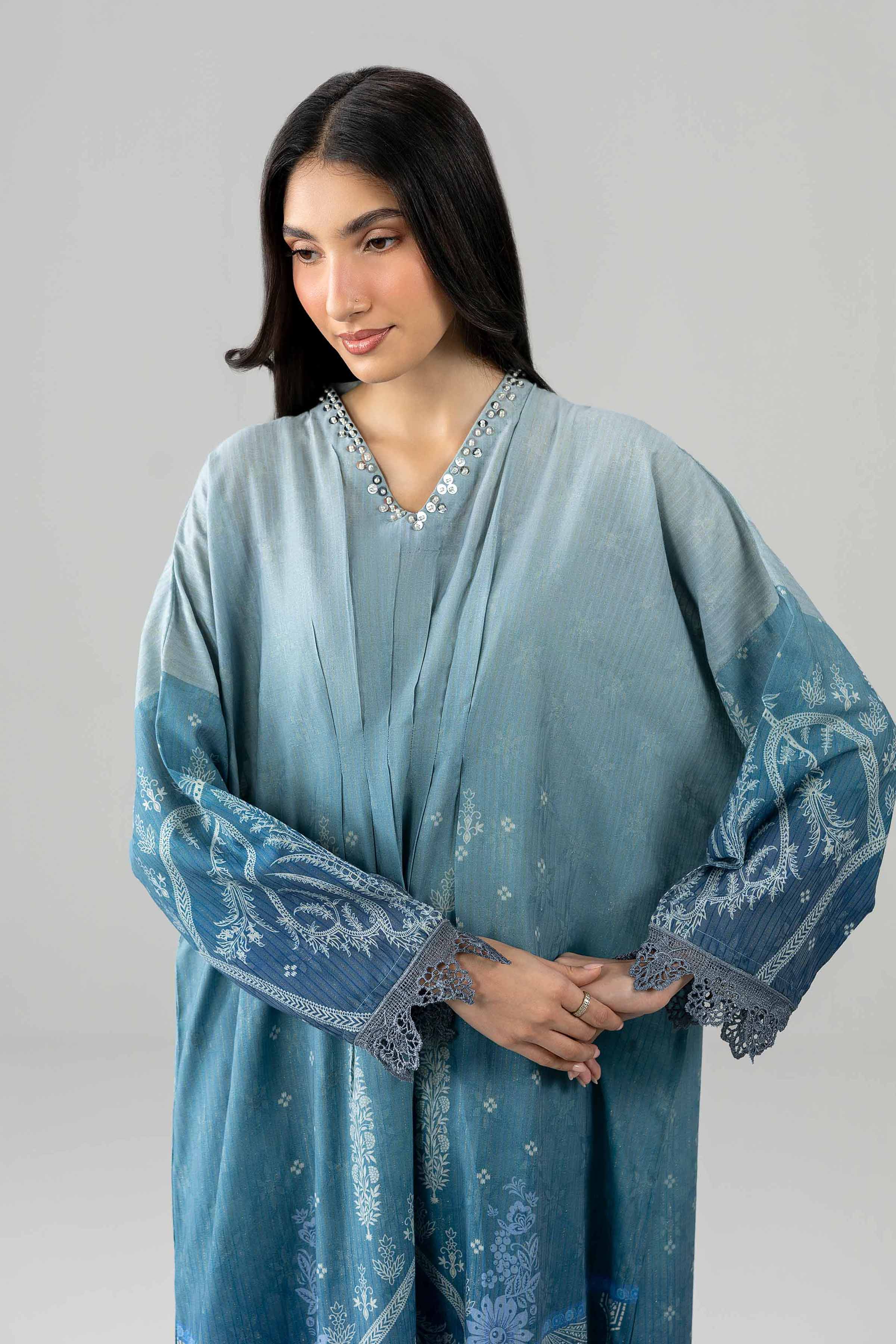 2 Piece - Printed Embroidered Suit - PE26-490 Blue Fancy Base 2PC Embroidered READY TO WEAR