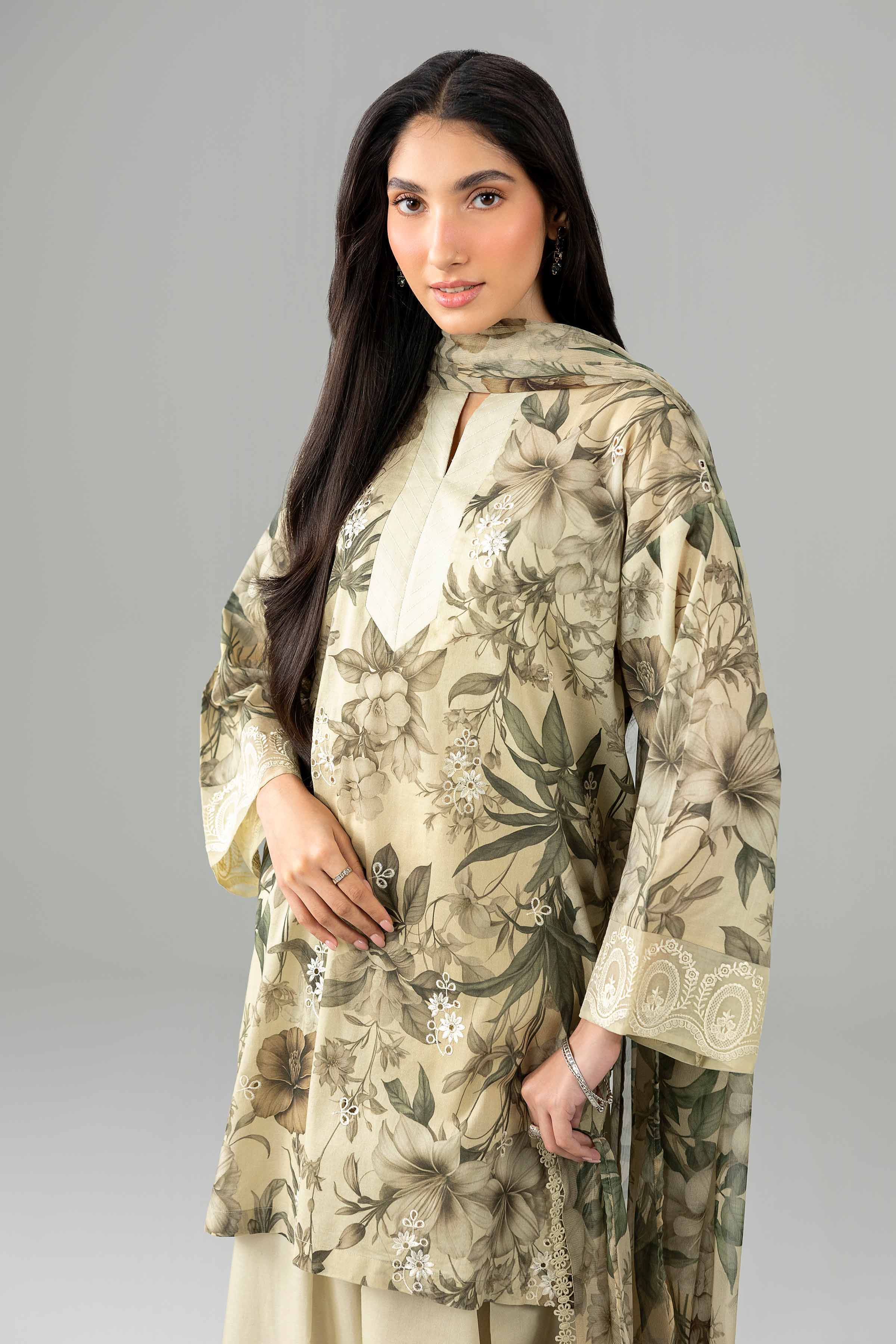3 Piece - Printed Embroidered Suit - PE26-497 Beige Lawn 3PC Embroidered READY TO WEAR