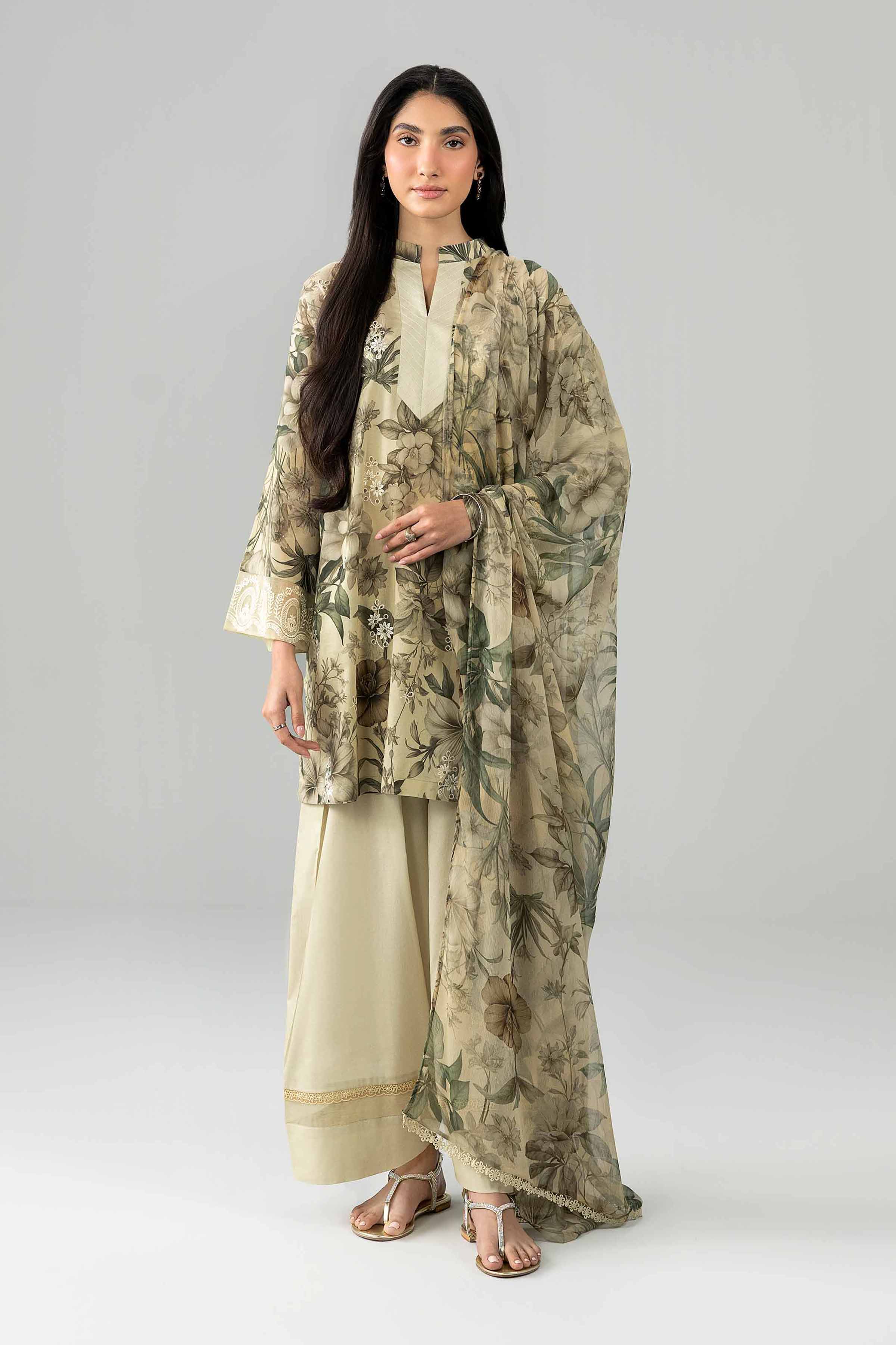 3 Piece - Printed Embroidered Suit - PE26-497 Beige Lawn 3PC Embroidered READY TO WEAR