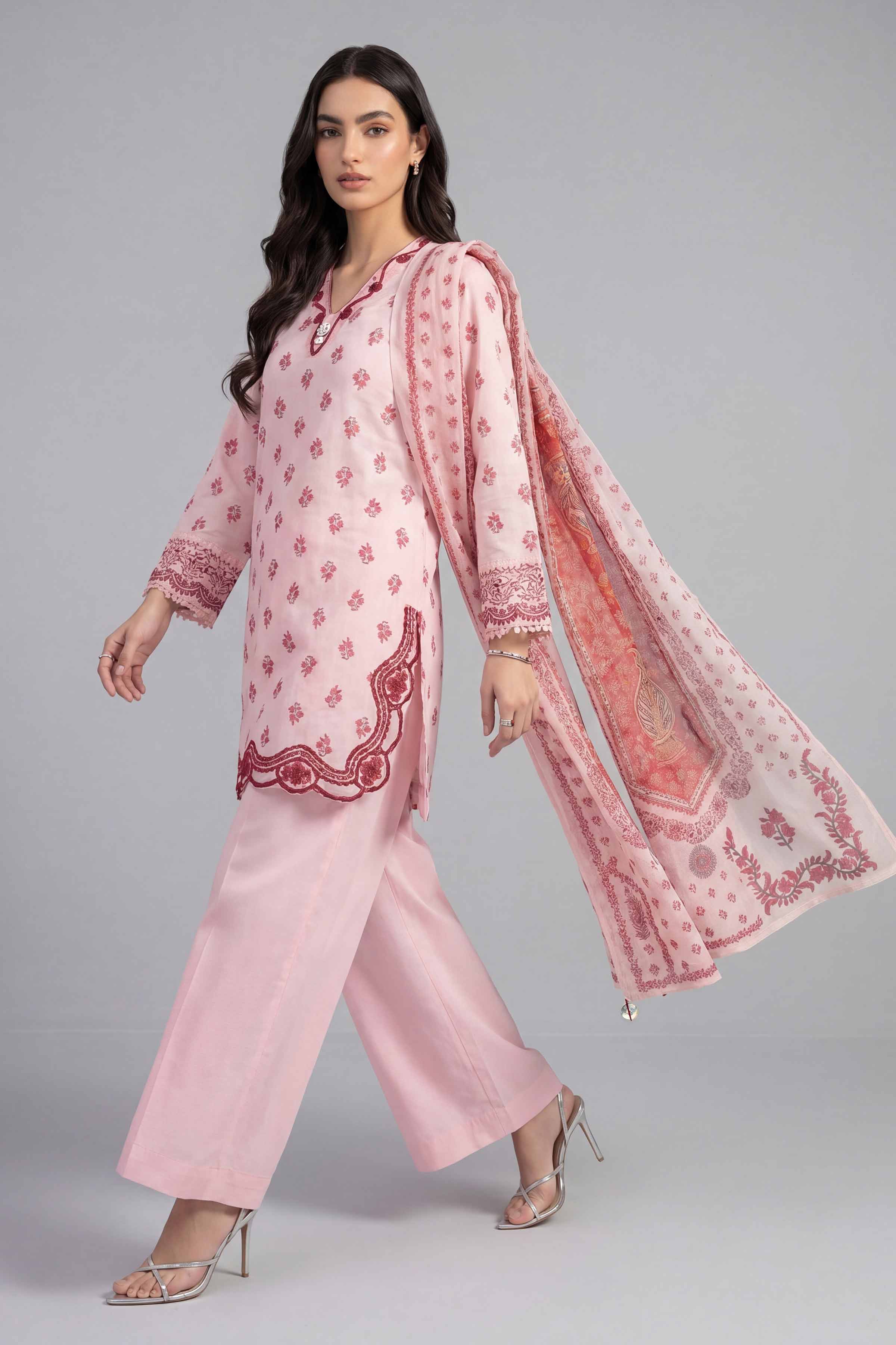 3 Piece - Printed Embroidered Suit - PE26-501 Pink Lawn Embroidered Straight shirt