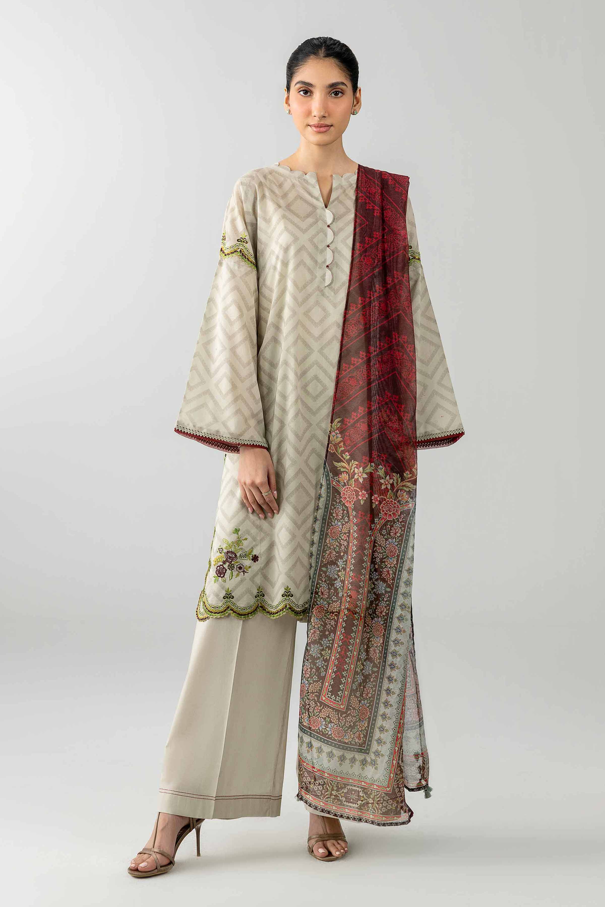 3 Piece - Printed Embroidered Suit - PE26-502 Green Lawn Embroidered A-Line shirt