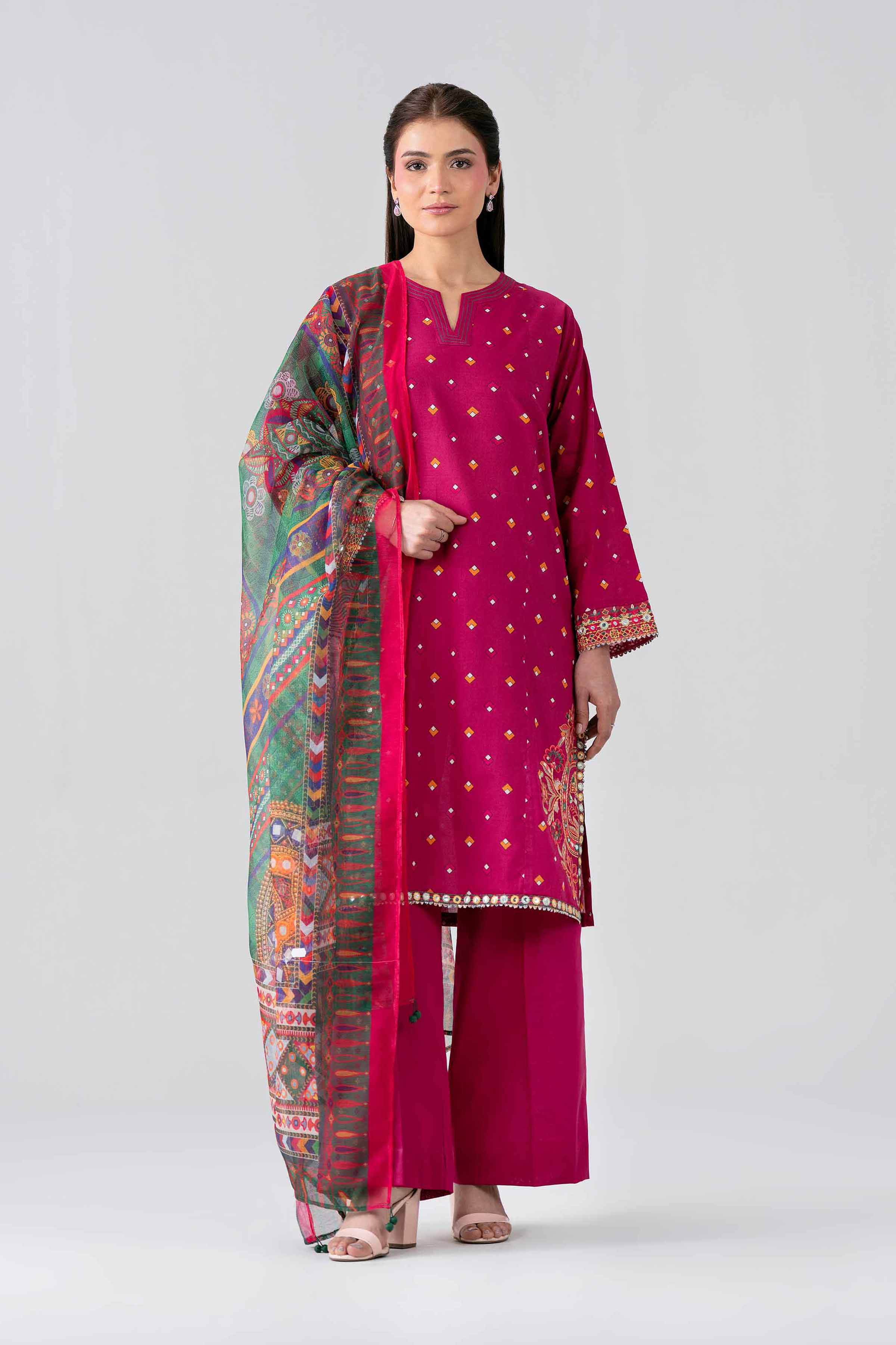 3 Piece - Printed Embroidered Suit - PE26-507 Pink Lawn Embroidered Kurtis
