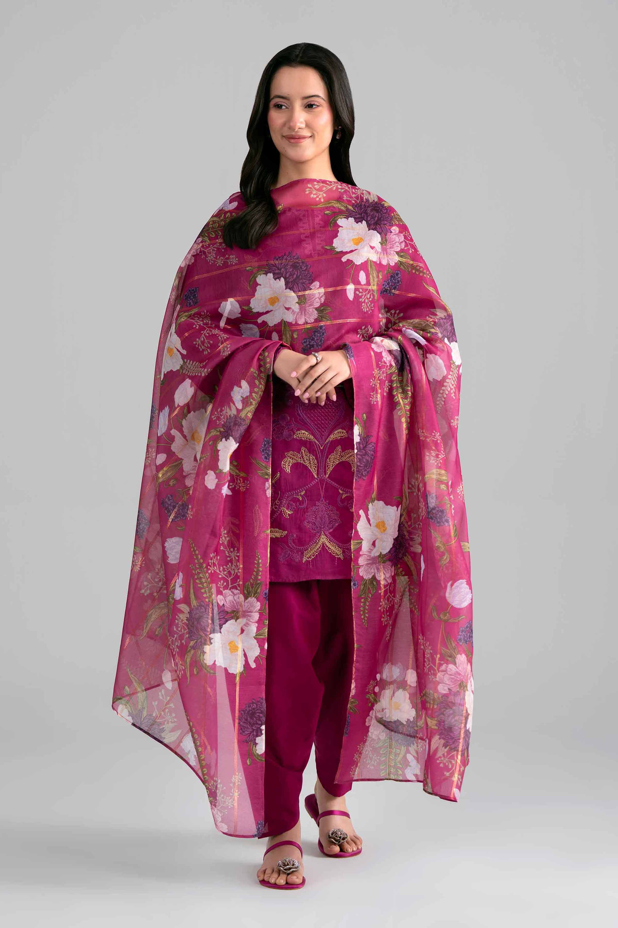 3 Piece - Printed Embroidered Suit - PE26-526 Pink Jacquard 3PC Embroidered