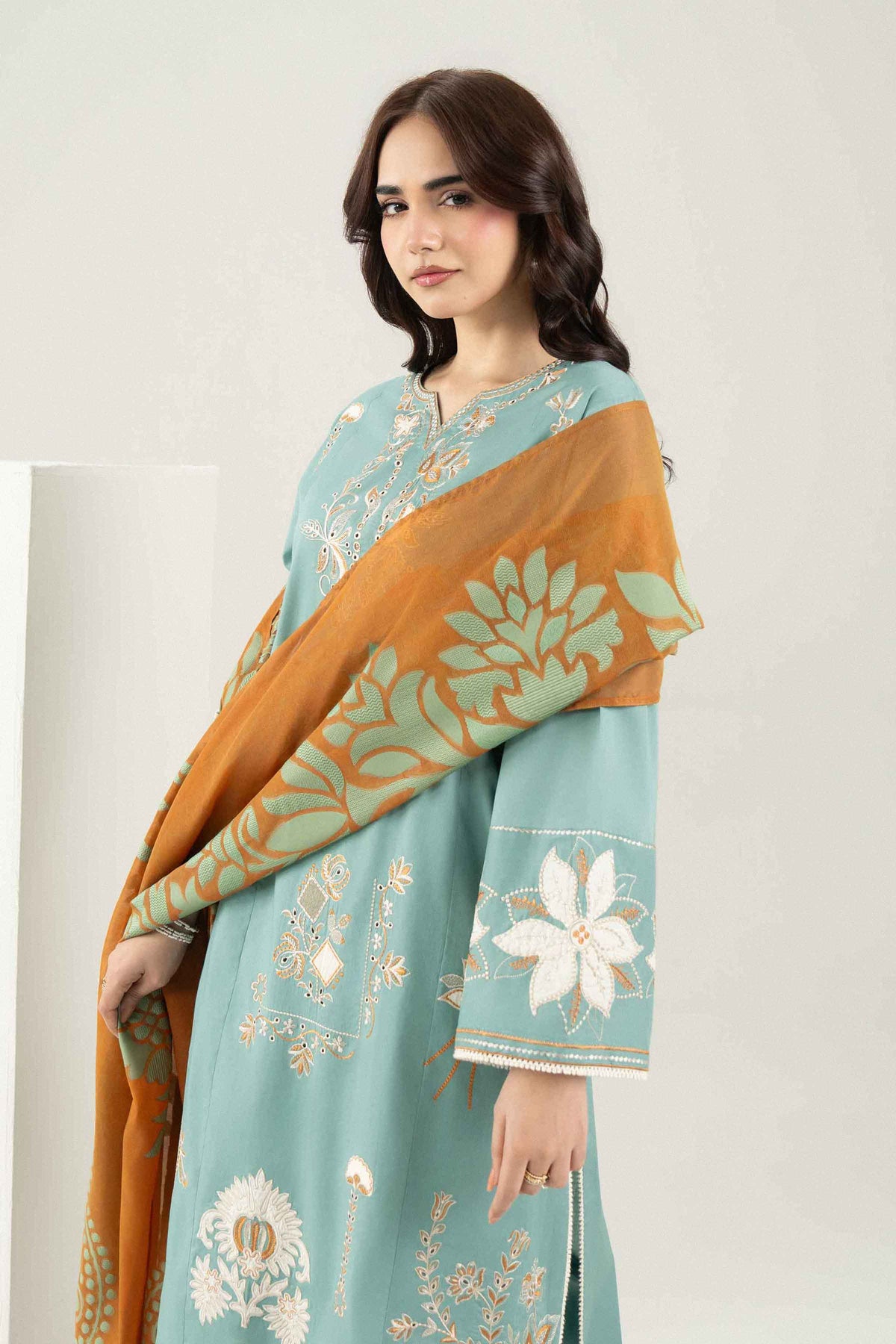 Blue 3-Piece Embroidered Suit in Cambric ready-to-wear