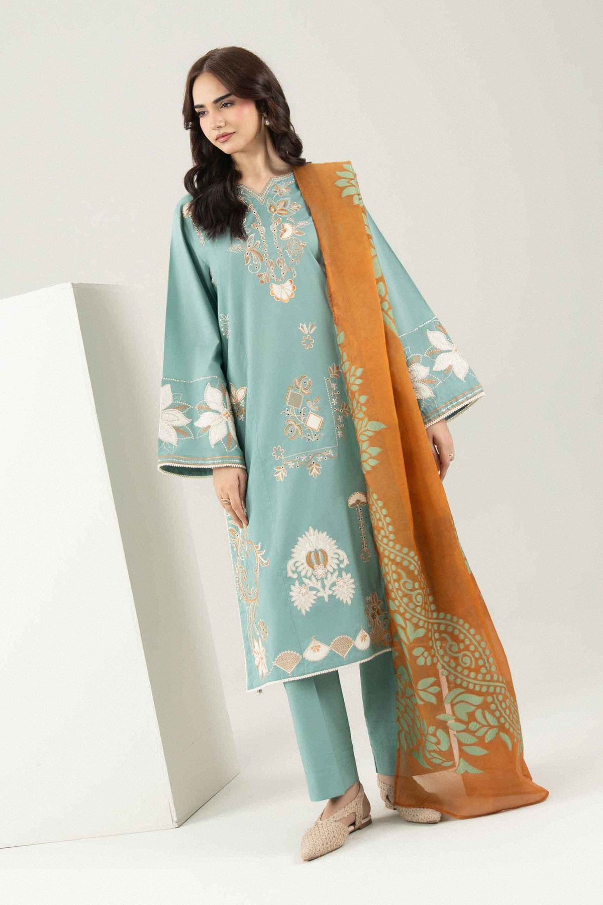 Blue 3-Piece Embroidered Suit in Cambric ready-to-wear