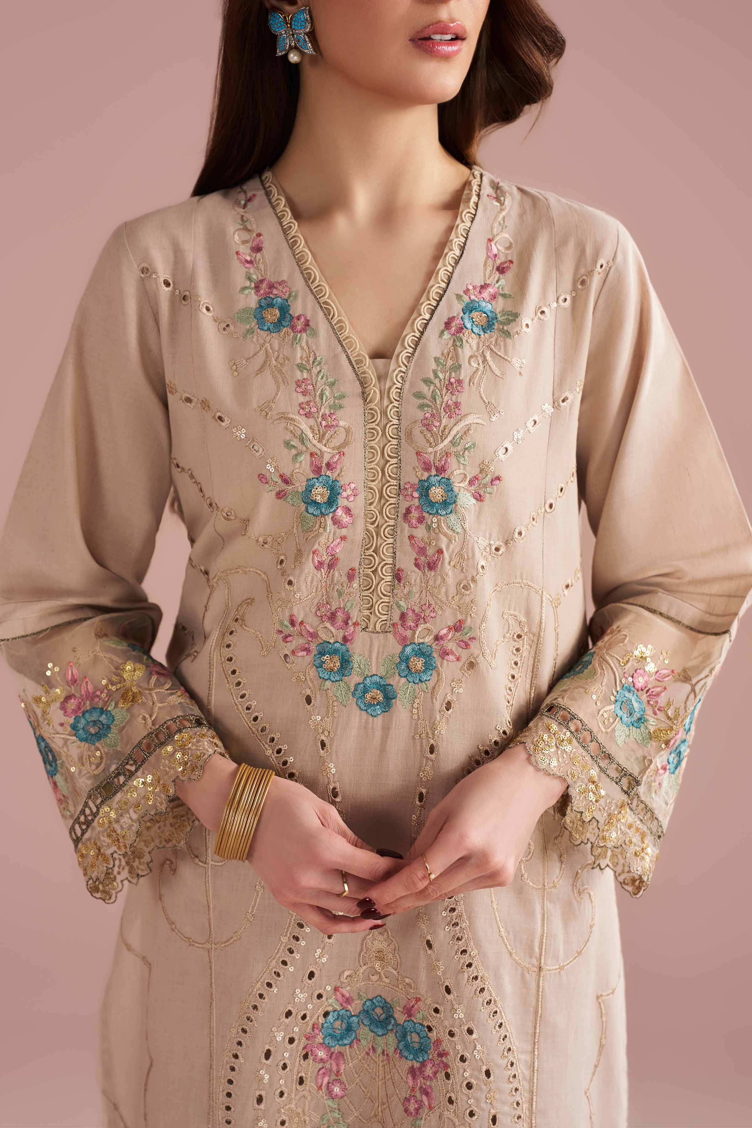 2 Piece - Embroidered Suit - PE26-55 Beige Linen 2PC Embroidered
