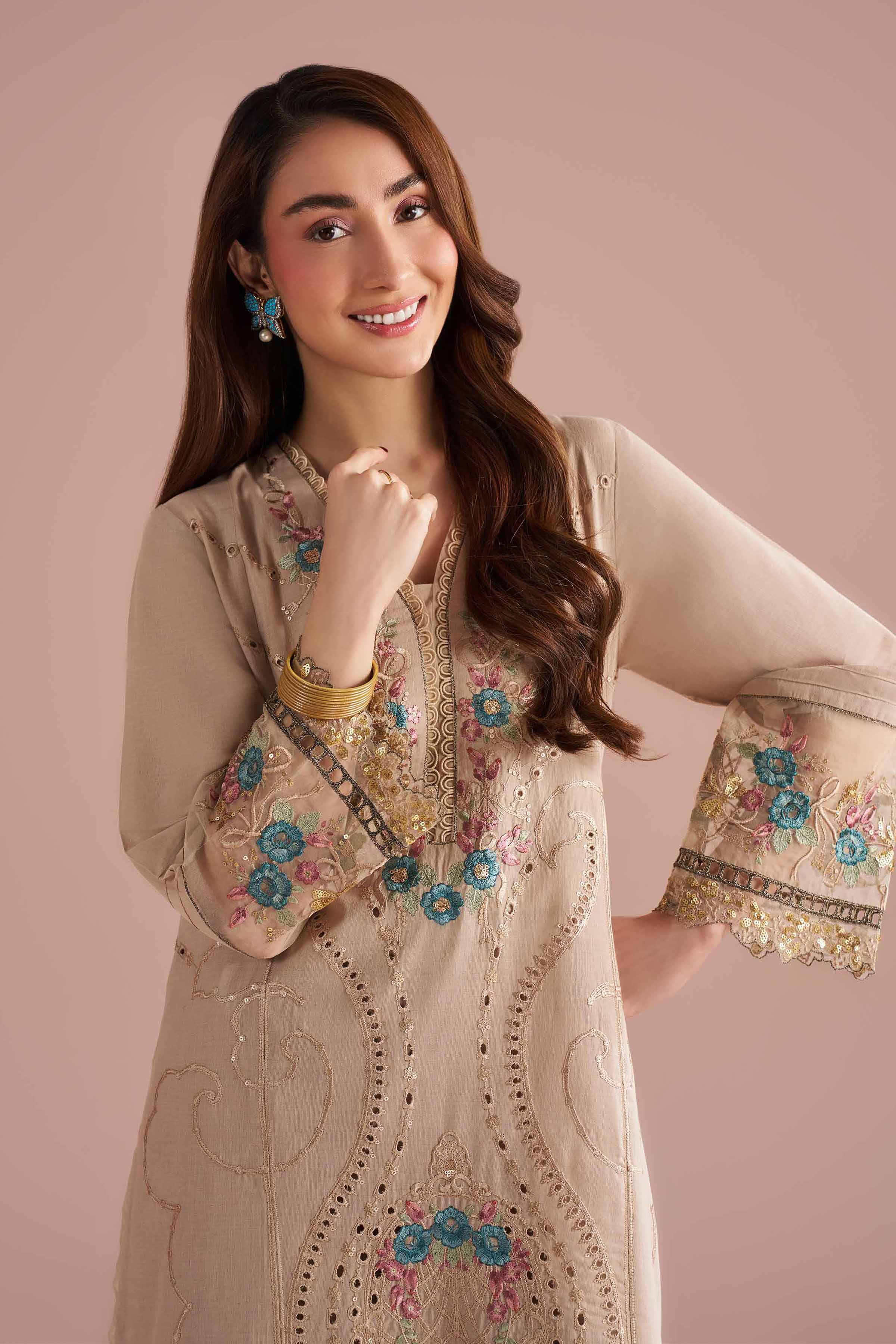 2 Piece - Embroidered Suit - PE26-55 Beige Linen 2PC Embroidered