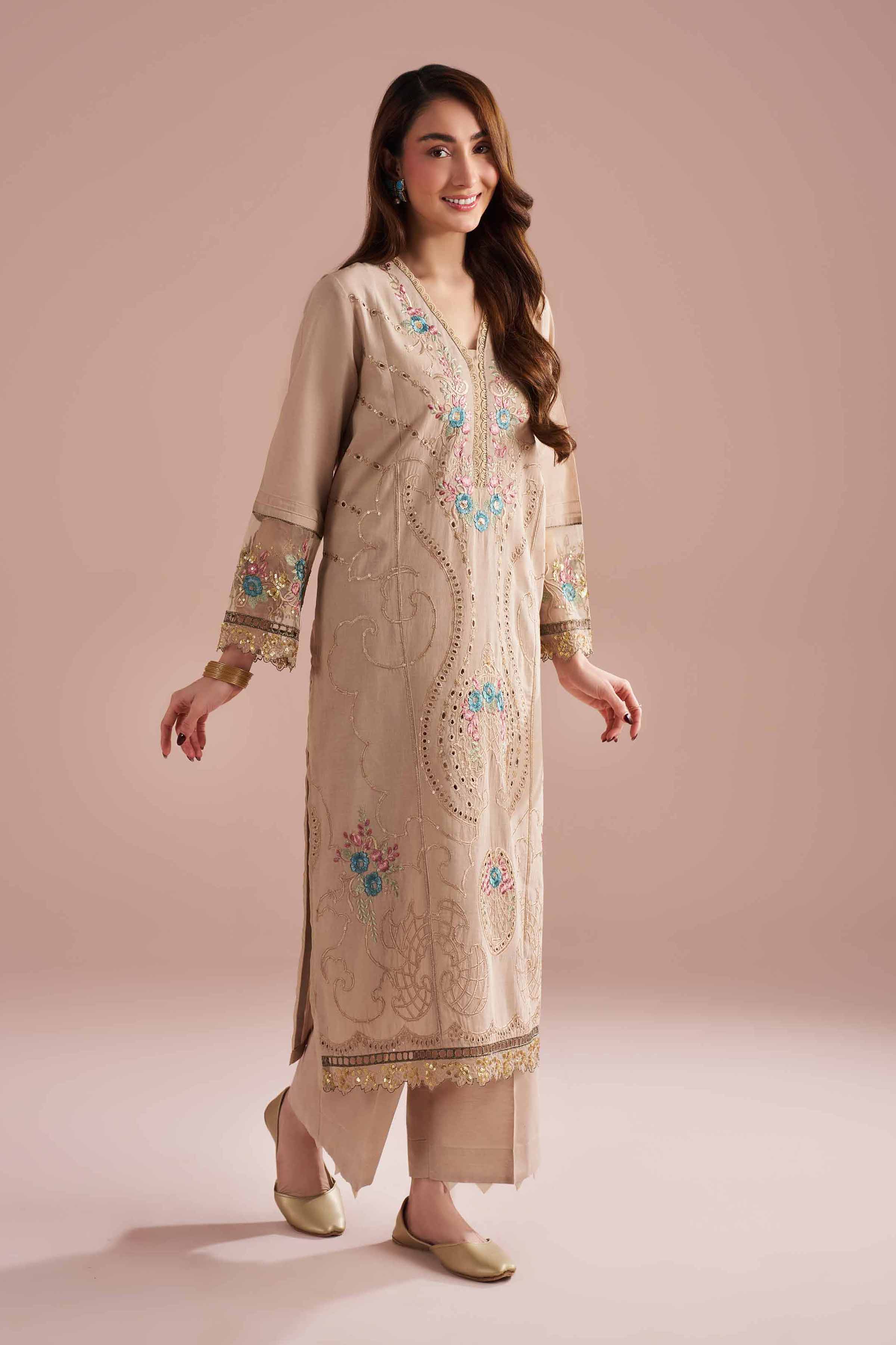 2 Piece - Embroidered Suit - PE26-55 Beige Linen 2PC Embroidered