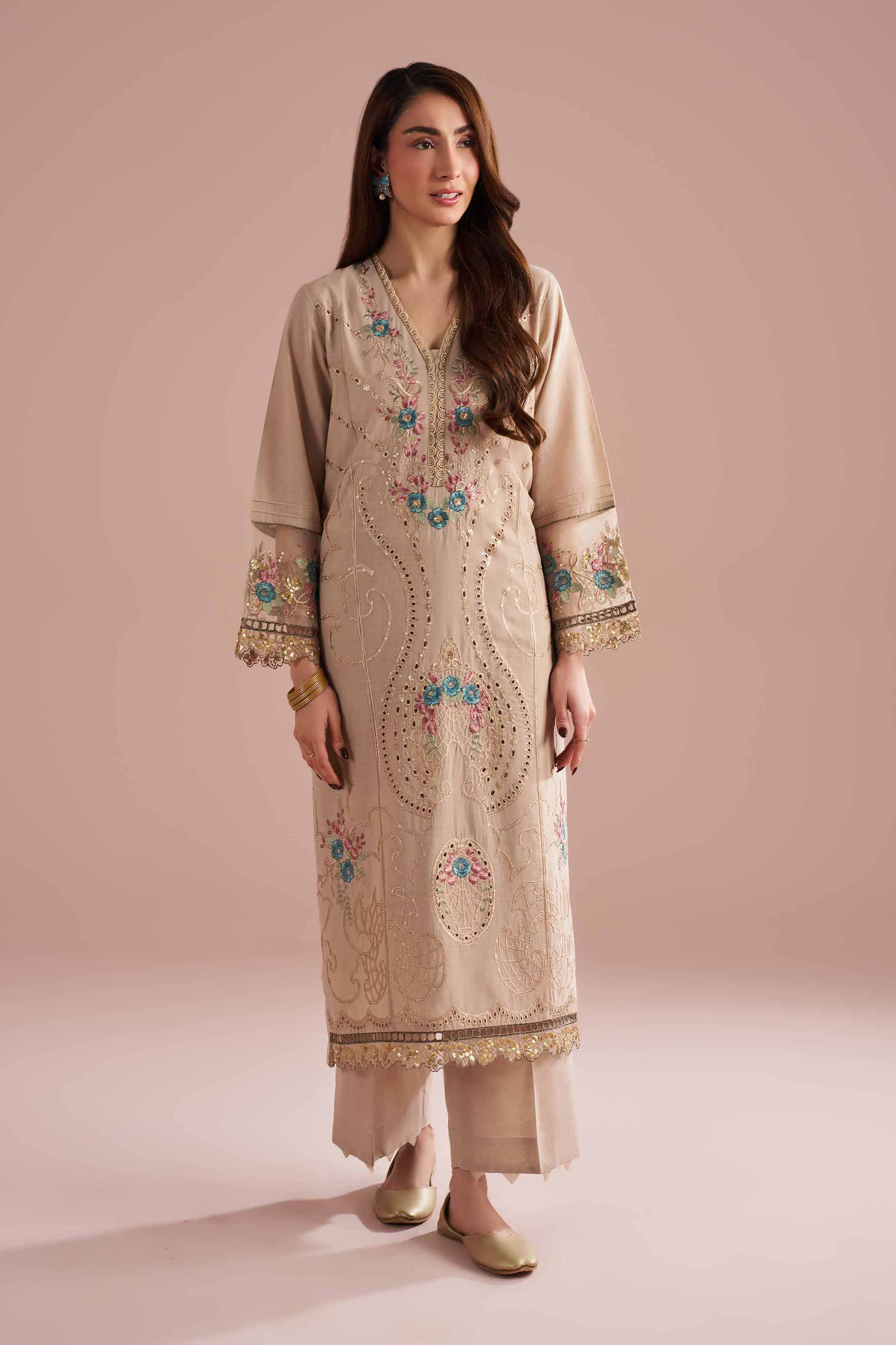 2 Piece - Embroidered Suit - PE26-55 Beige Linen 2PC Embroidered