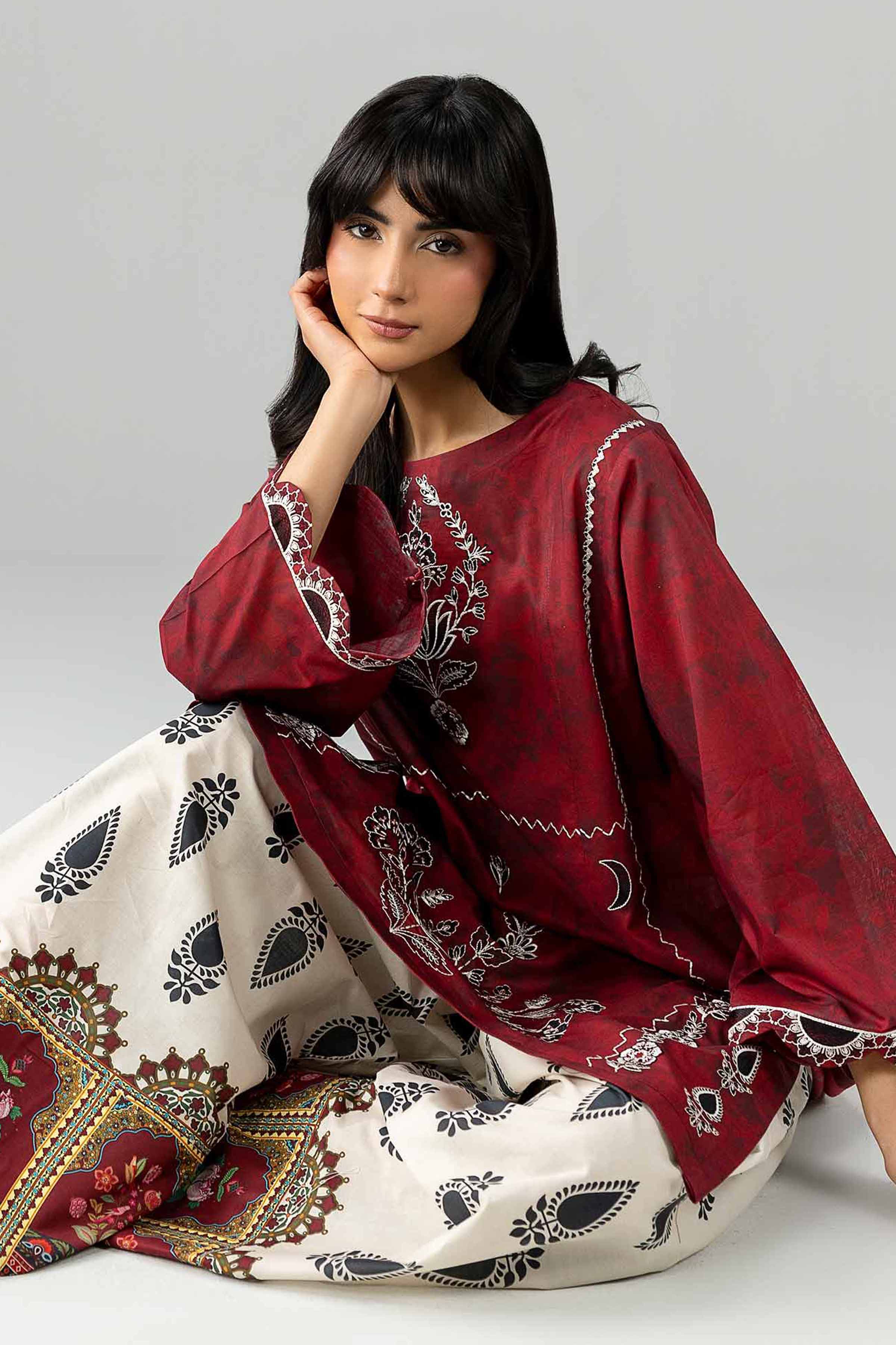 2 Piece - Printed Embroidered Suit - PE26-585 Red Lawn 2PC Embroidered READY TO WEAR