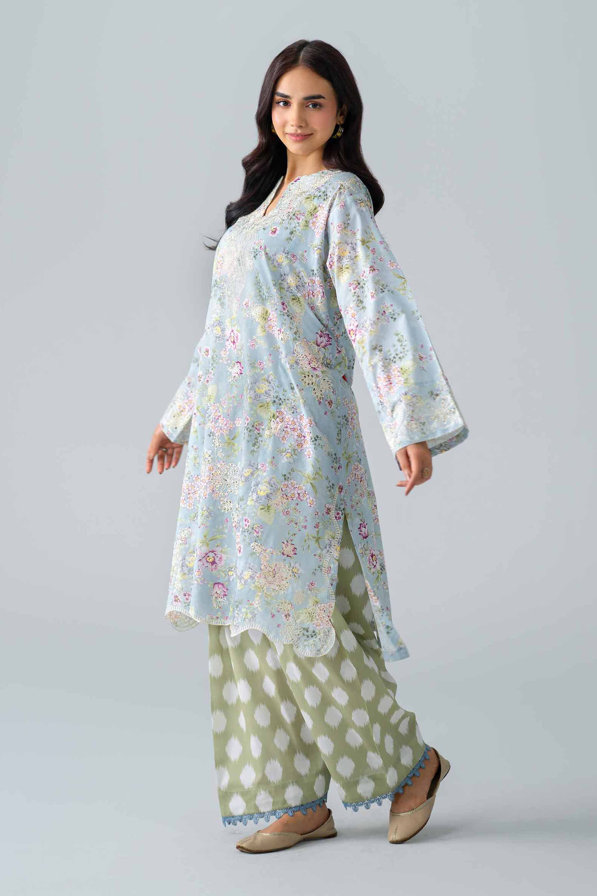 2 Piece - Printed Embroidered Suit - PE26-587 Blue Lawn Embroidered Straight shirt