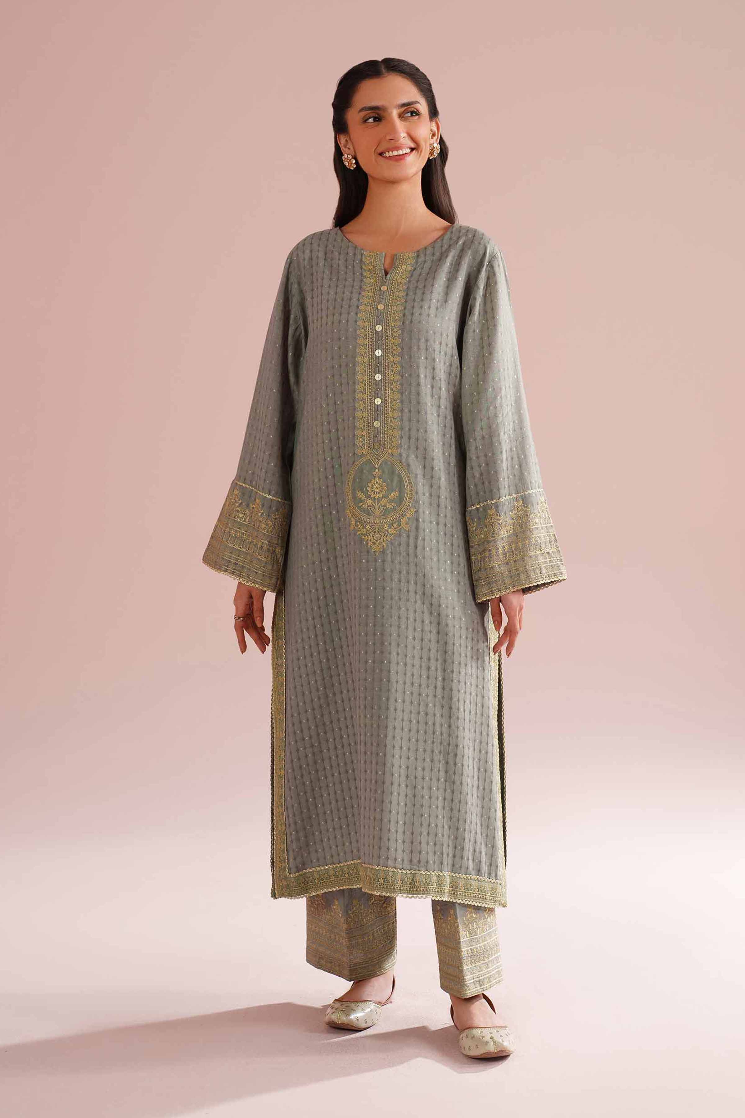 2 Piece - Embroidered Suit - PE26-59 Green Lurex Dyed Embroidered A-Line shirt
