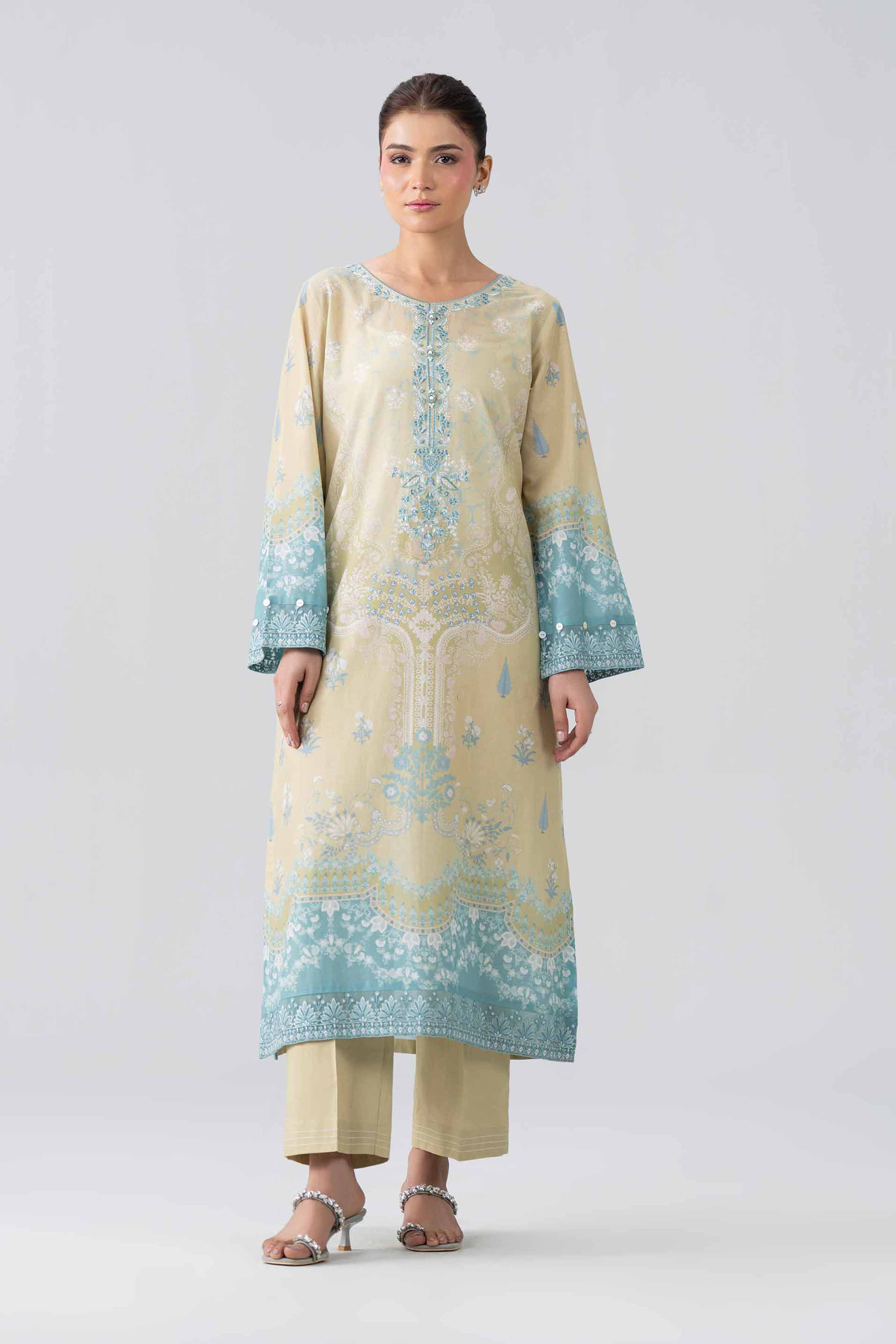 2 Piece - Printed Embroidered Suit - PE26-591 Green Lawn Embroidered A-Line shirt