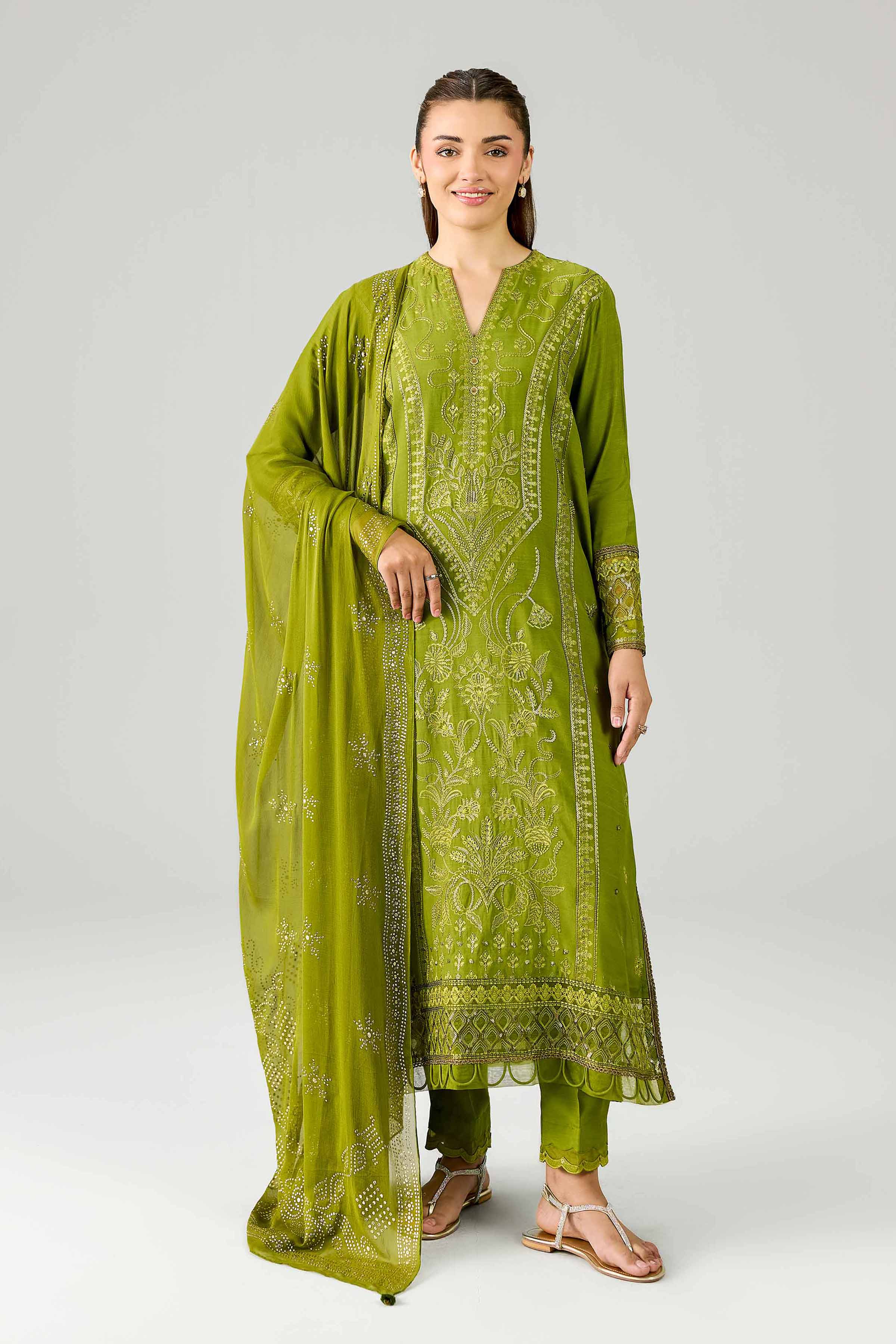 3 Piece - Embroidered Suit - PE26-599 Green Silk Embroidered A-Line shirt