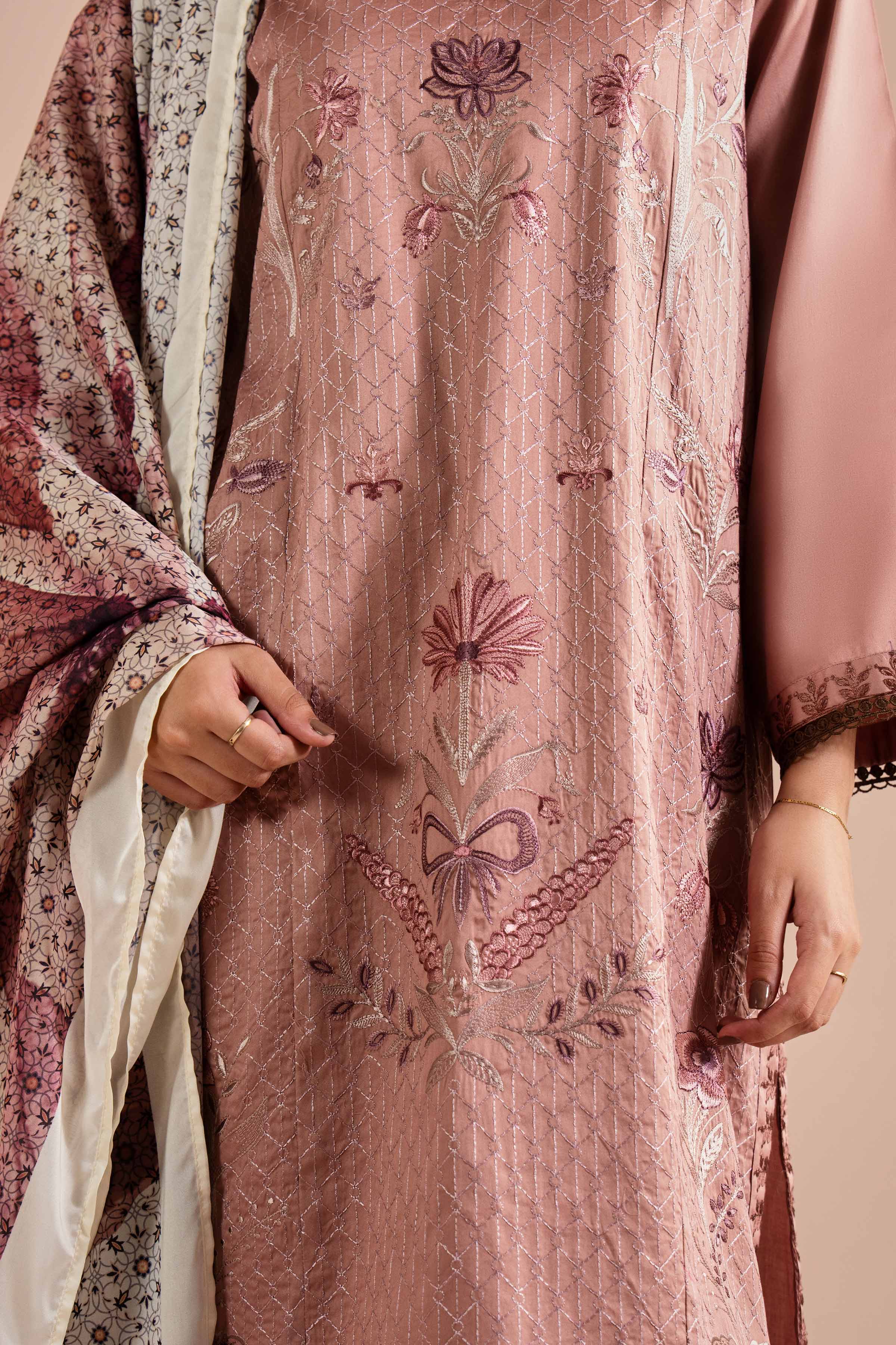 3 Piece - Embroidered Suit - PE26-61 NishatUAE Pink Satin 3PC Embroidered Ready To Wear