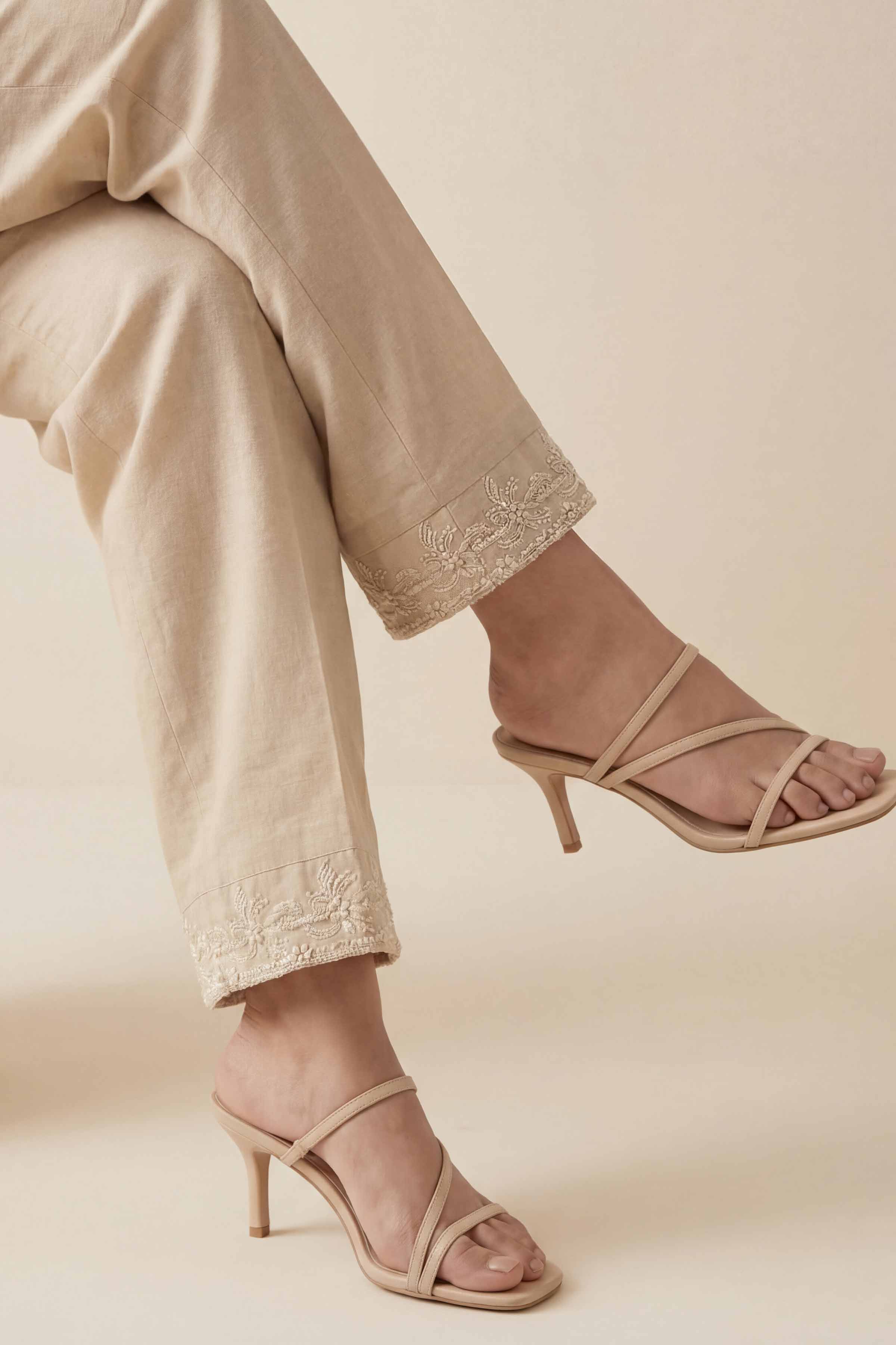 Embroidered Trousers - PE26-636 Beige Cambric 1PC Embroidered READY TO WEAR