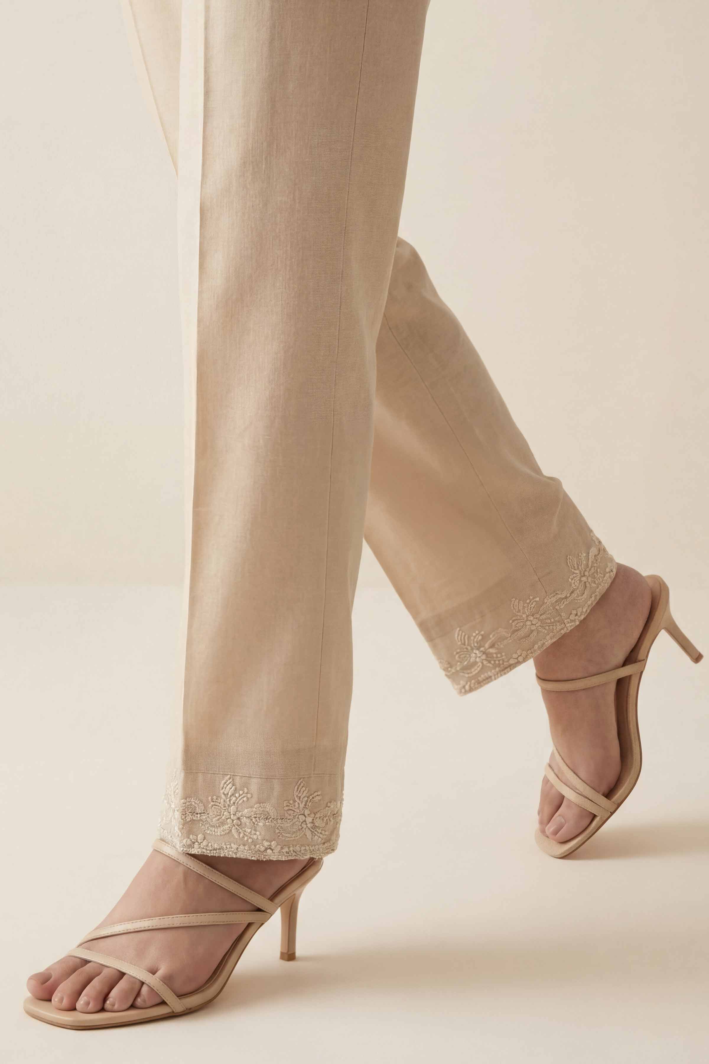 Embroidered Trousers - PE26-636 Beige Cambric 1PC Embroidered READY TO WEAR