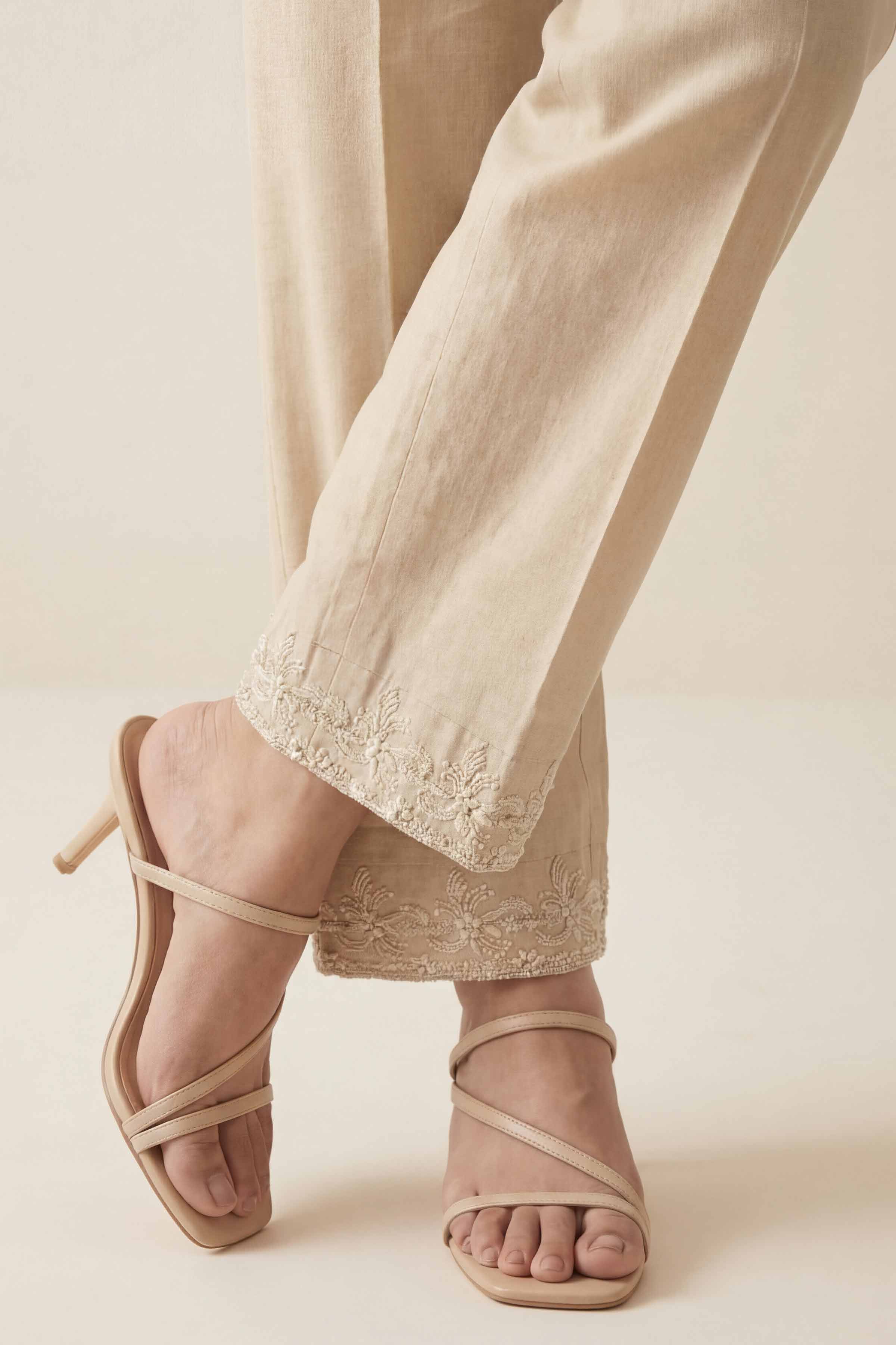 Embroidered Trousers - PE26-636 Beige Cambric 1PC Embroidered READY TO WEAR
