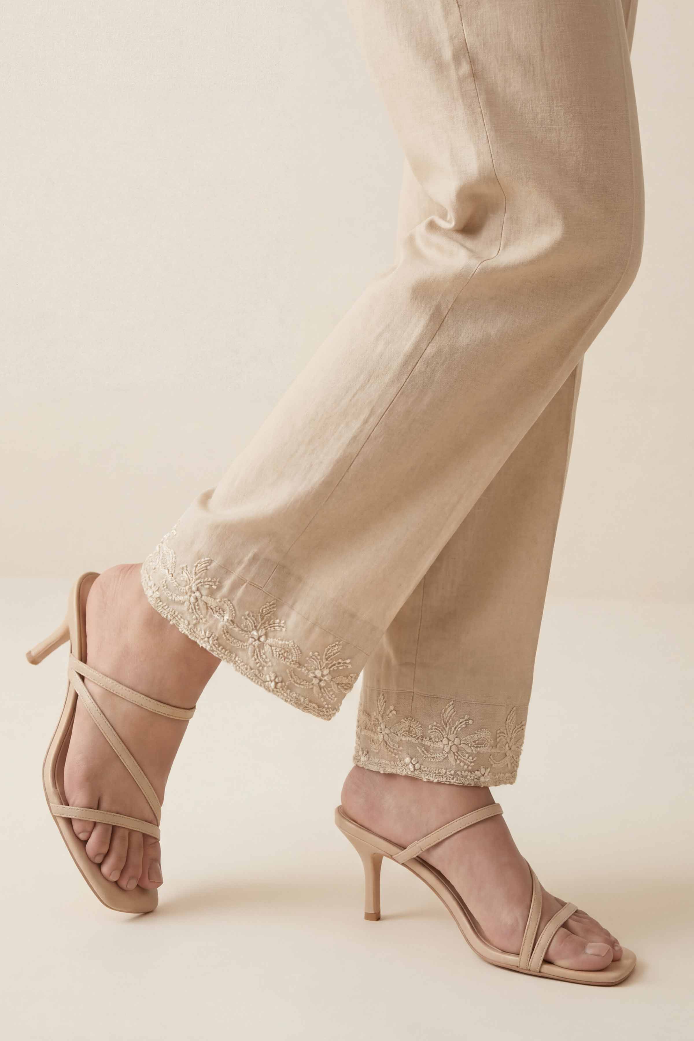 Embroidered Trousers - PE26-636 Beige Cambric 1PC Embroidered READY TO WEAR