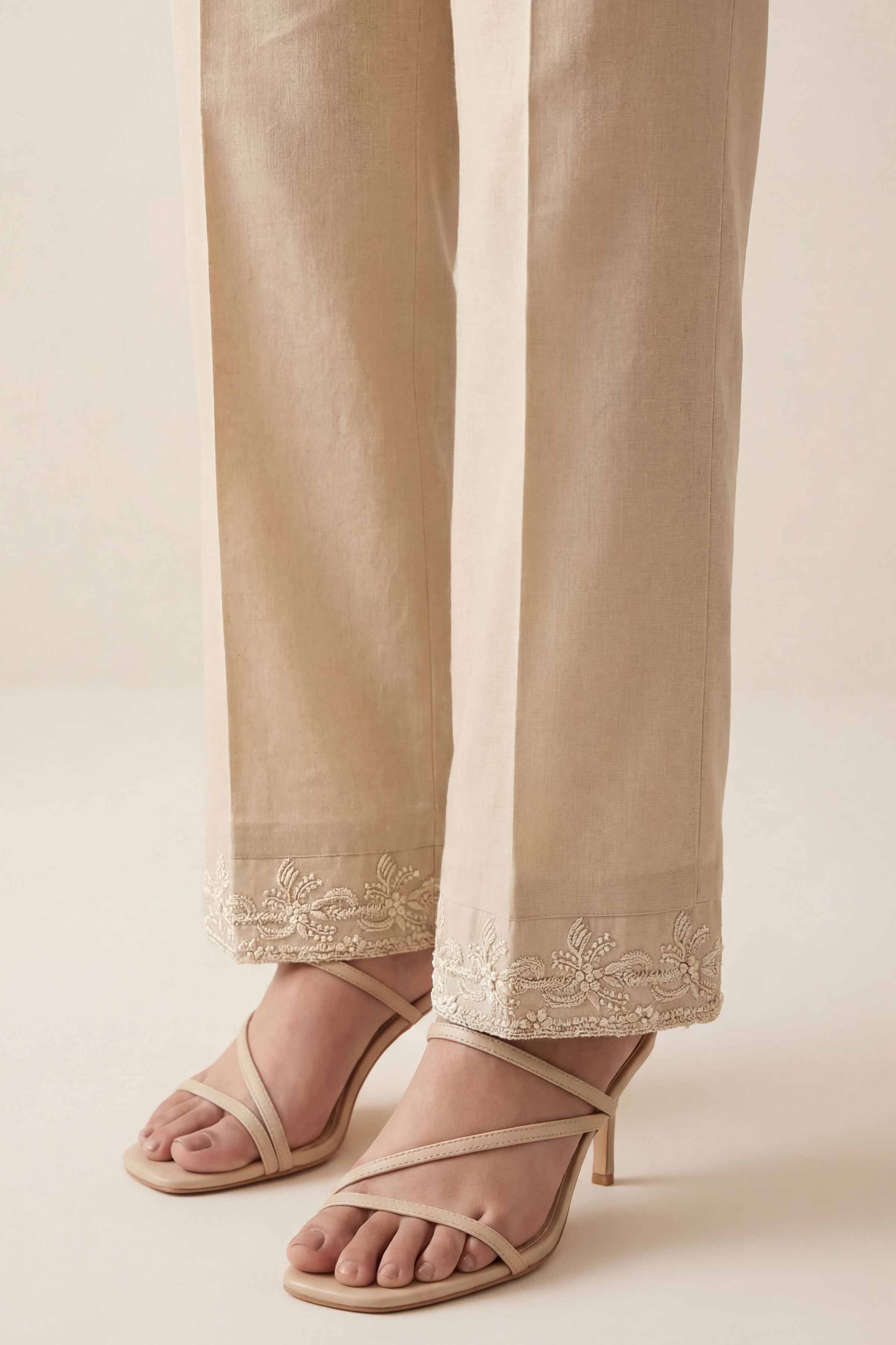 Embroidered Trousers - PE26-636 Beige Cambric 1PC Embroidered READY TO WEAR