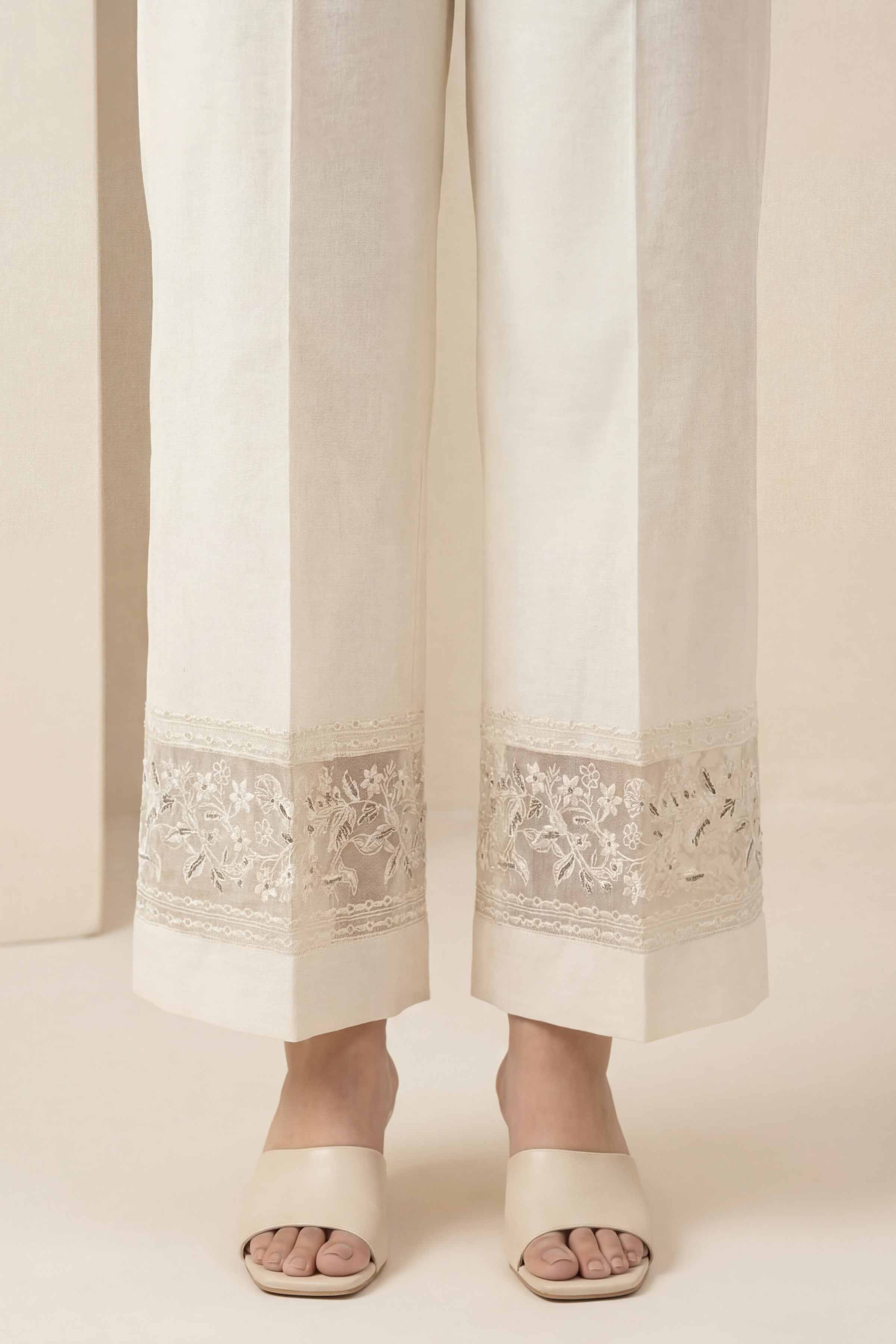 Embroidered Trousers - PE26-637 Off White Cambric 1PC Embroidered READY TO WEAR